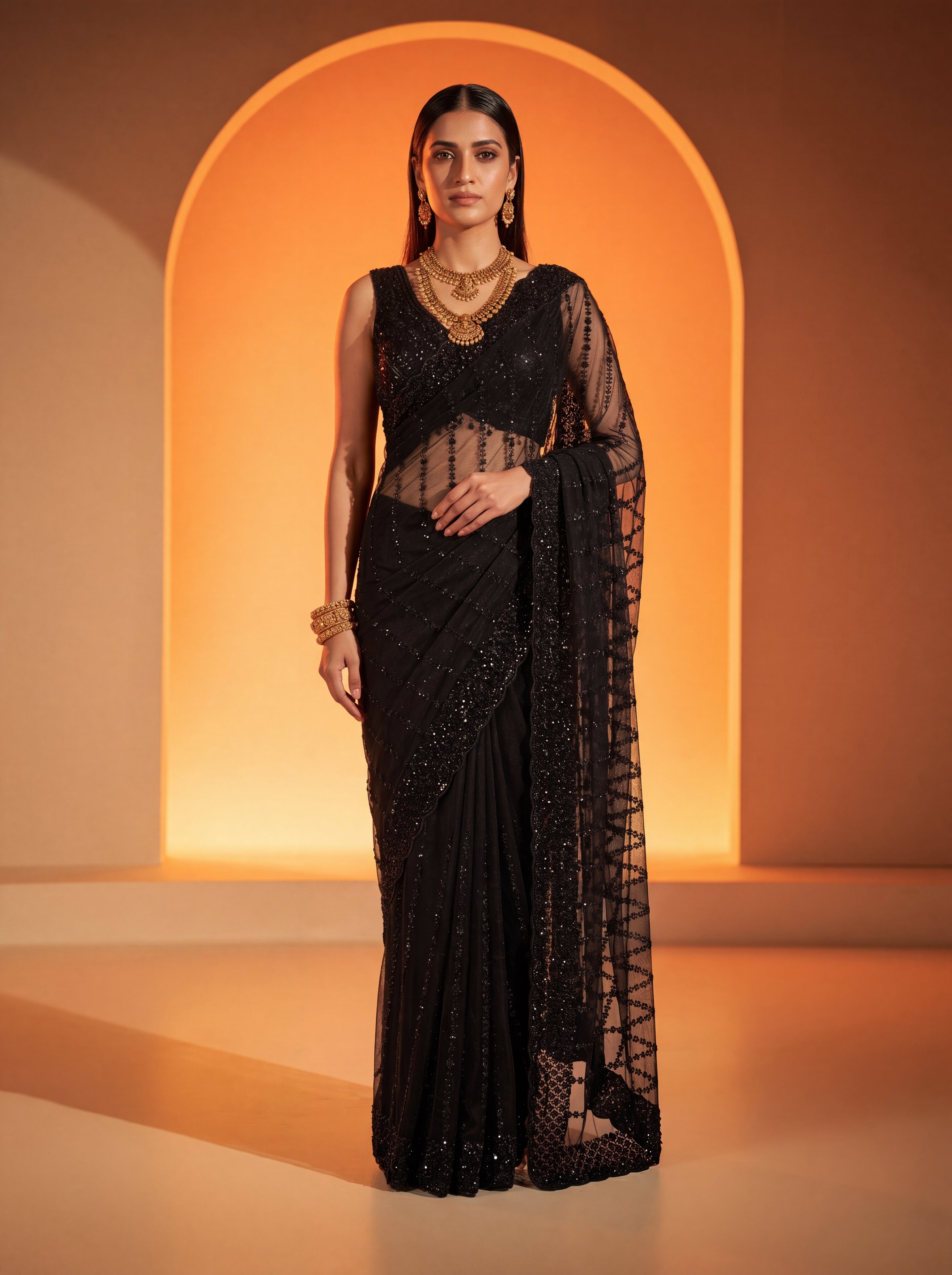 Elegant Midnight Black Designer Saree with Intricate Embroidery & Beads Work