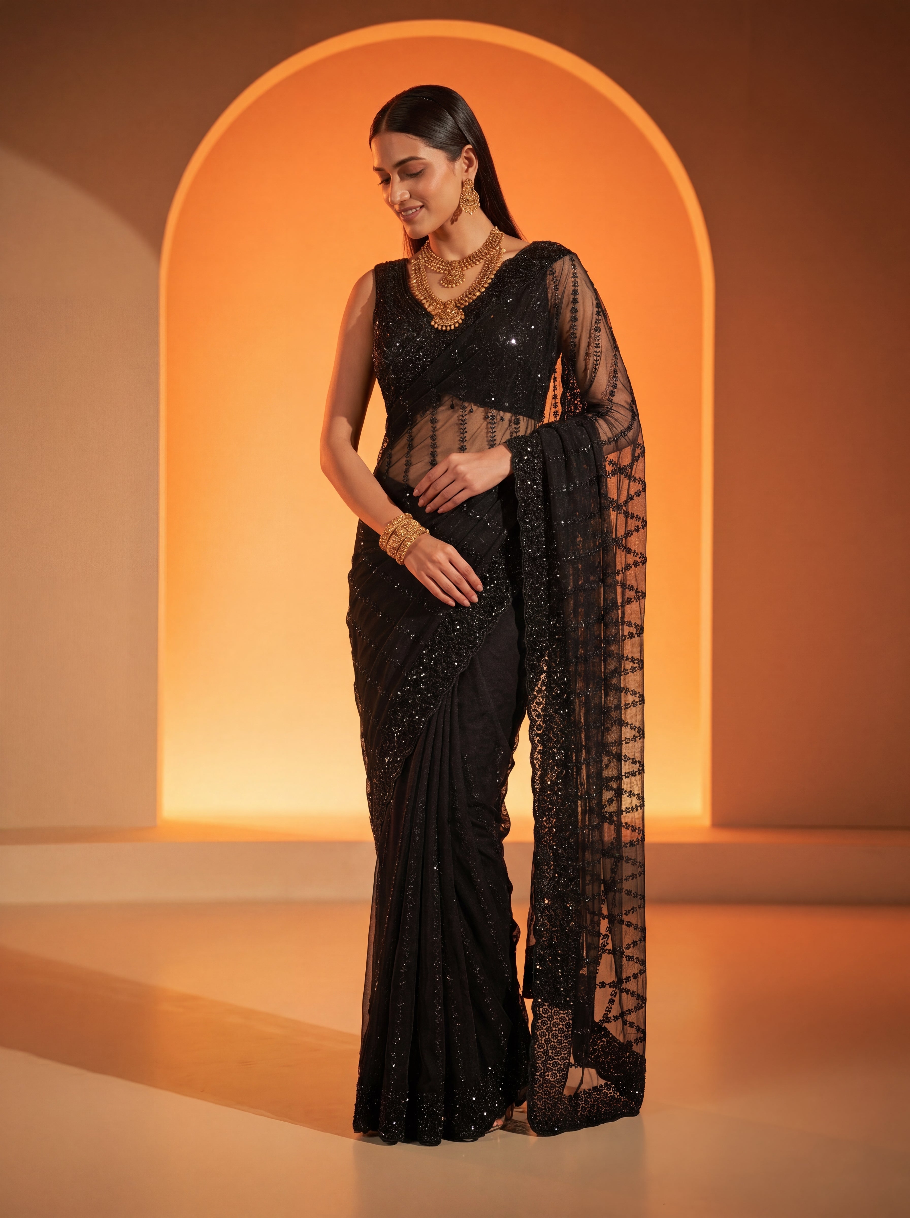 Elegant Midnight Black Designer Saree with Intricate Embroidery & Beads Work