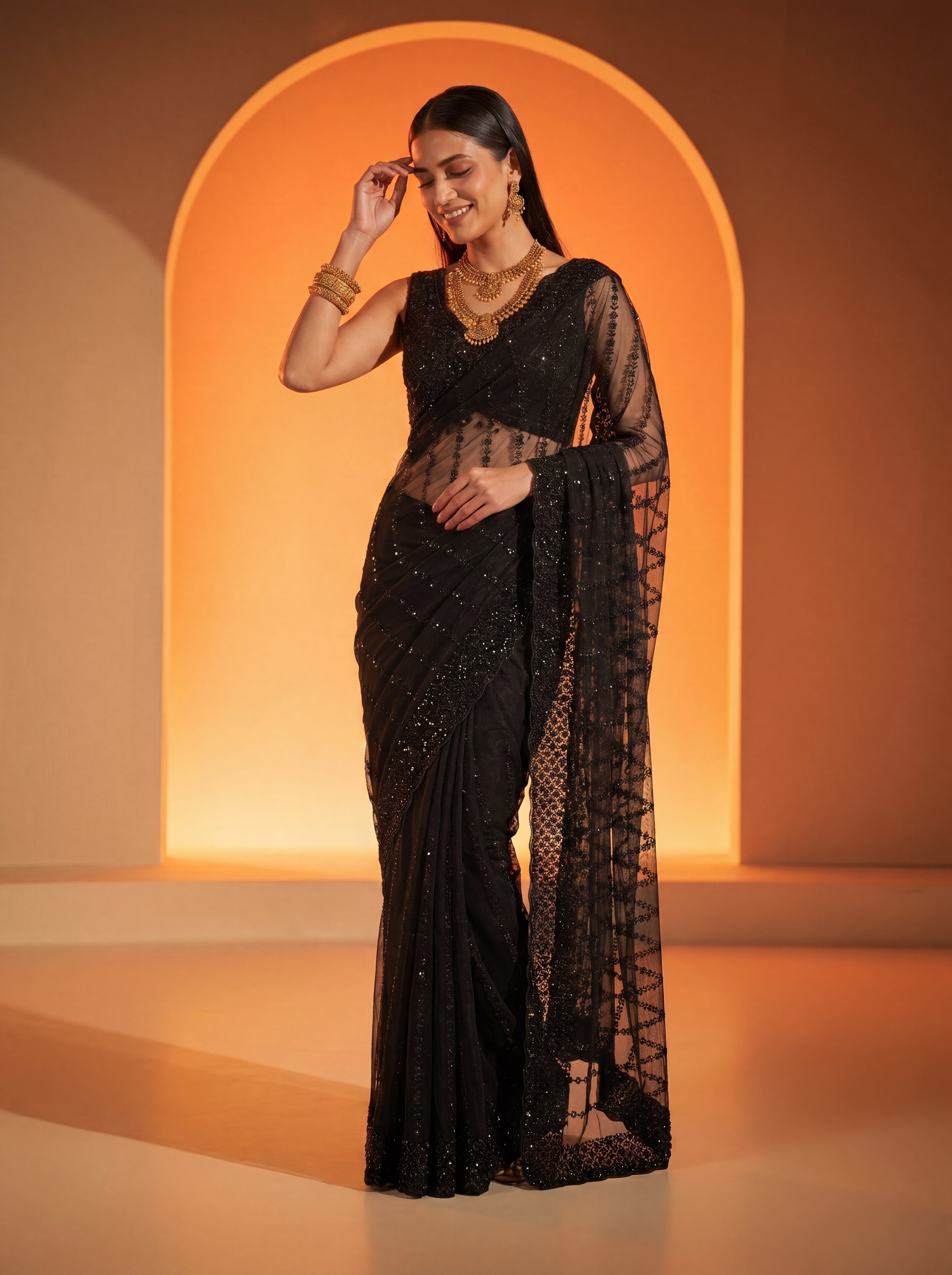 Elegant Midnight Black Designer Saree with Intricate Embroidery & Beads Work