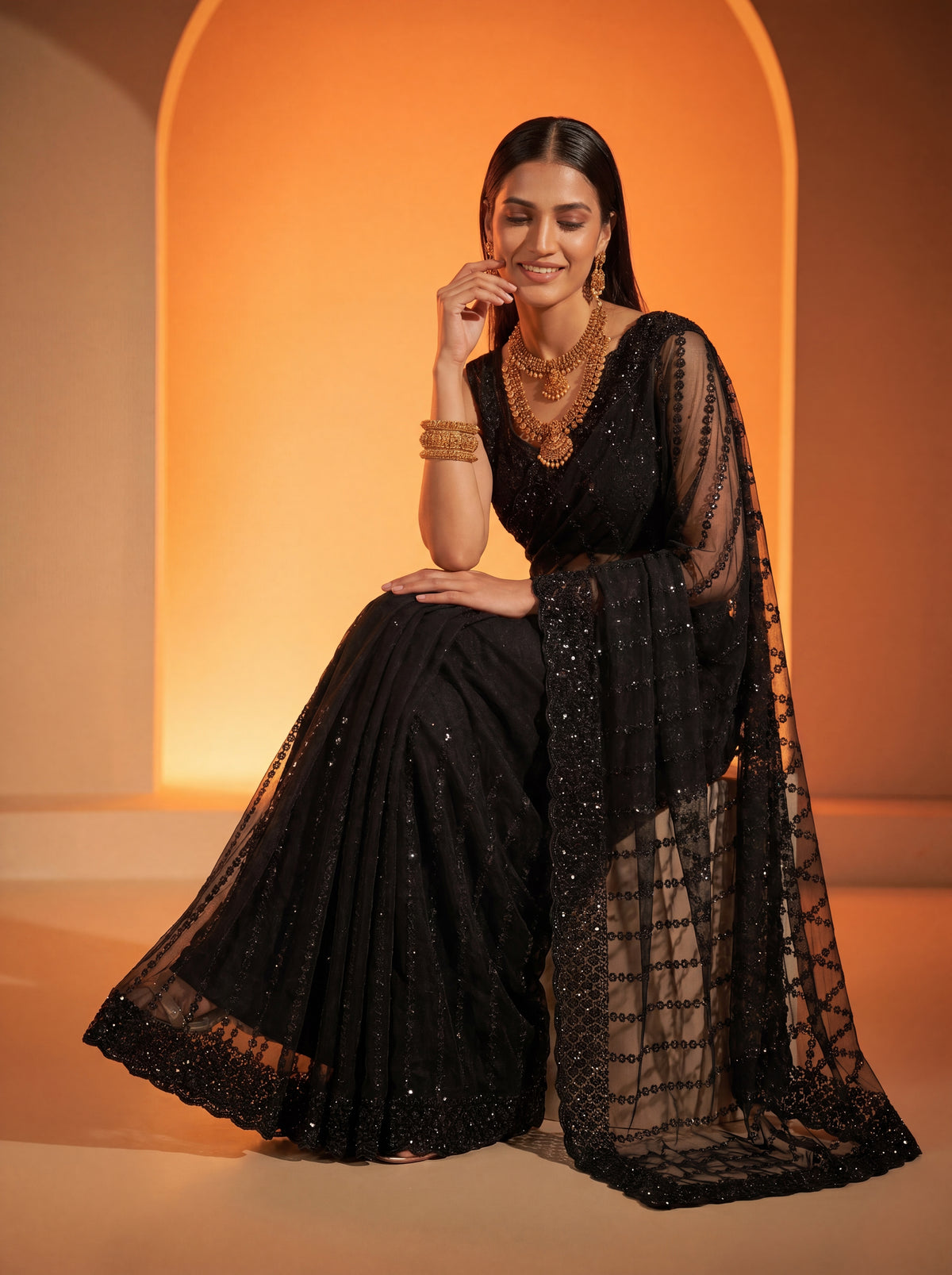 Elegant Midnight Black Designer Saree with Intricate Embroidery & Beads Work