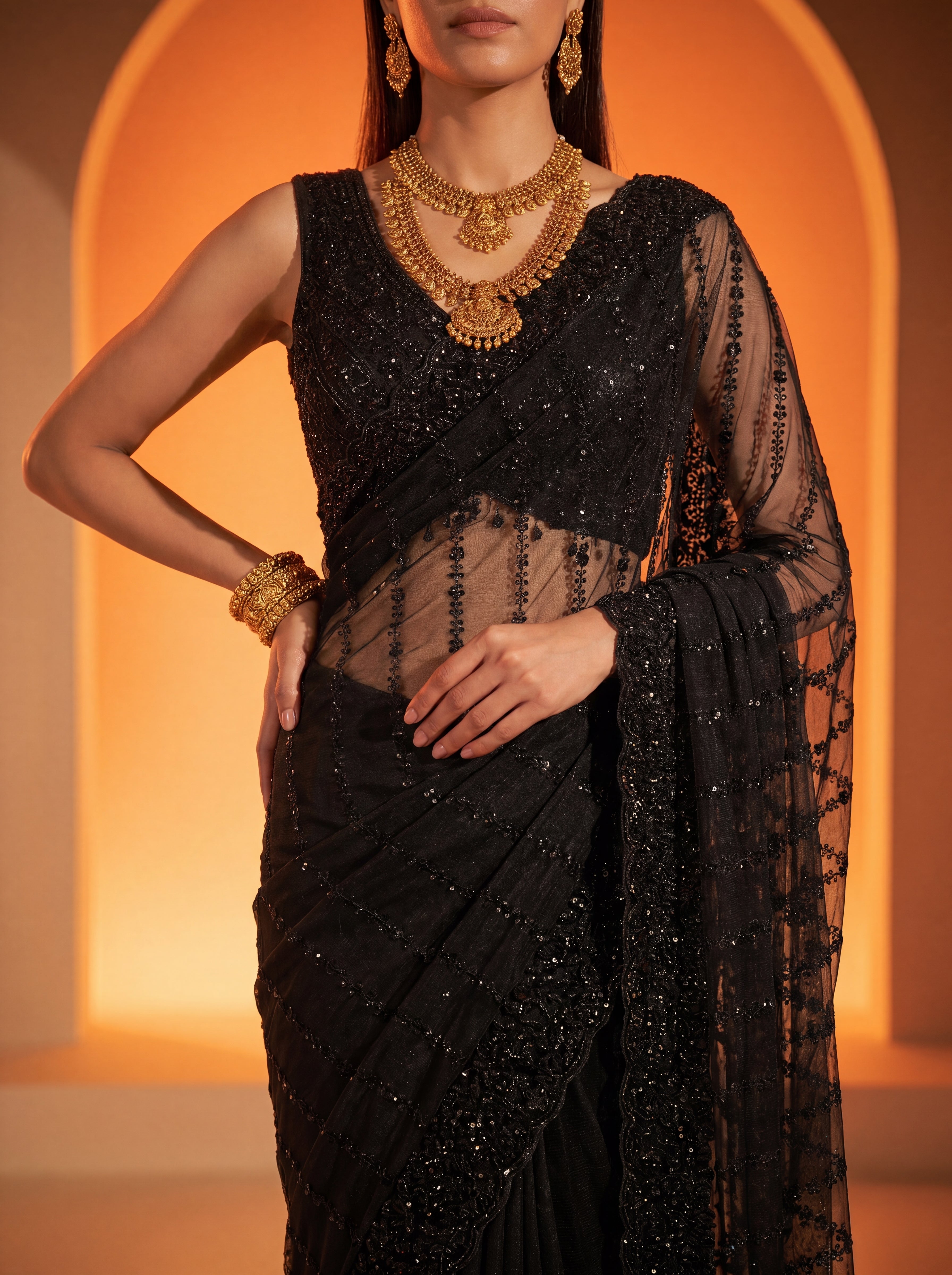 Elegant Midnight Black Designer Saree with Intricate Embroidery & Beads Work