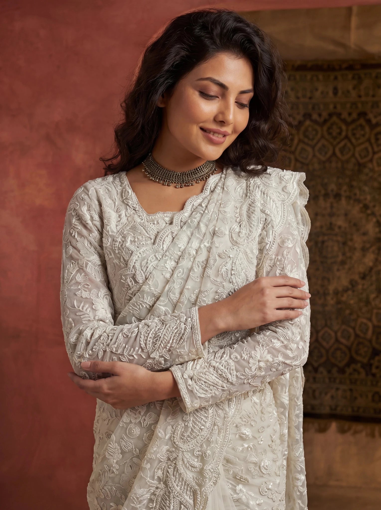 Premium Off White Net Saree with Heavy Thread & Sequin Handwork - Zimonza