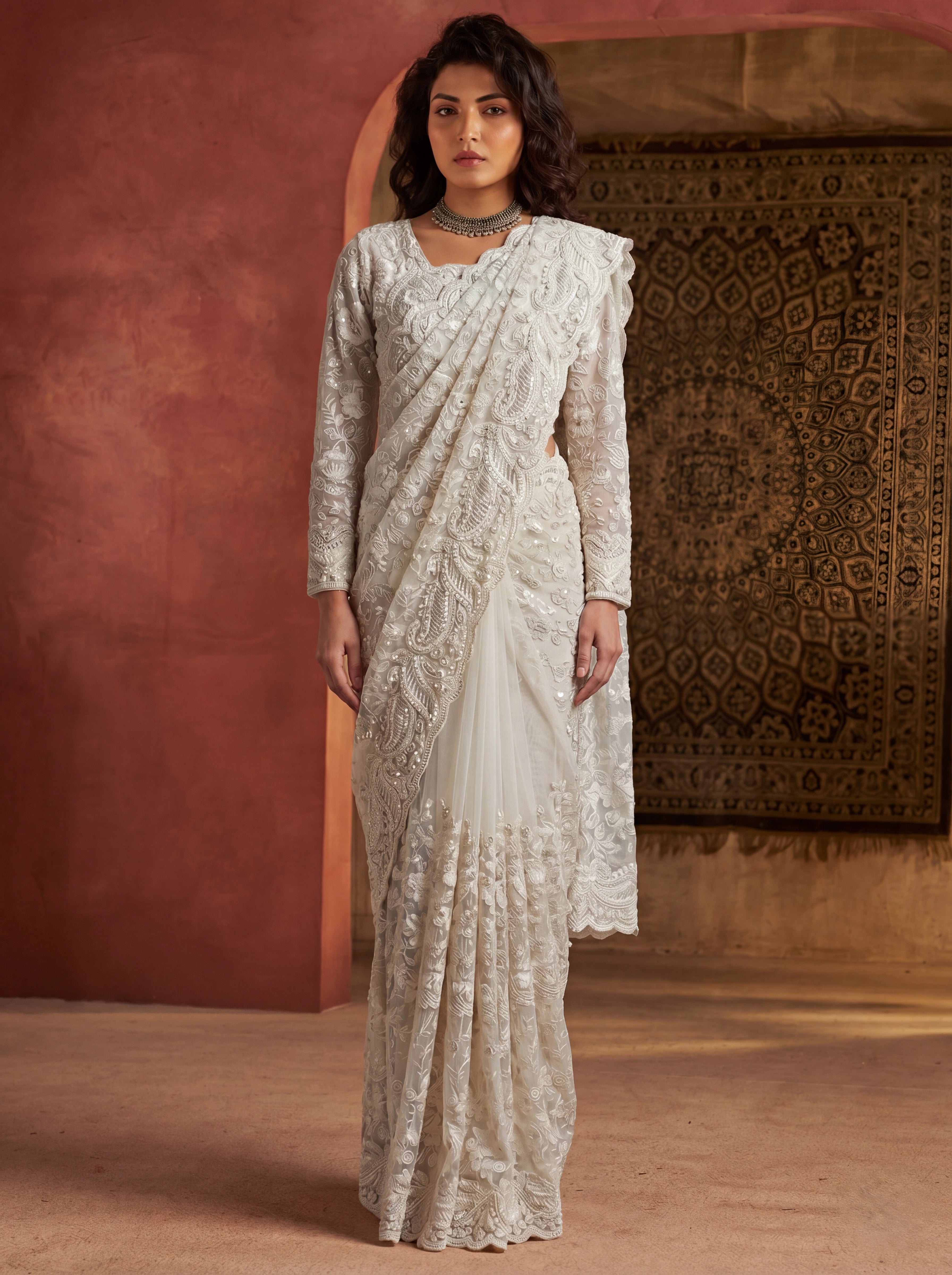 Premium Off White Net Saree with Heavy Thread & Sequin Handwork