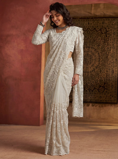 Premium Off White Net Saree with Heavy Thread & Sequin Handwork - Zimonza