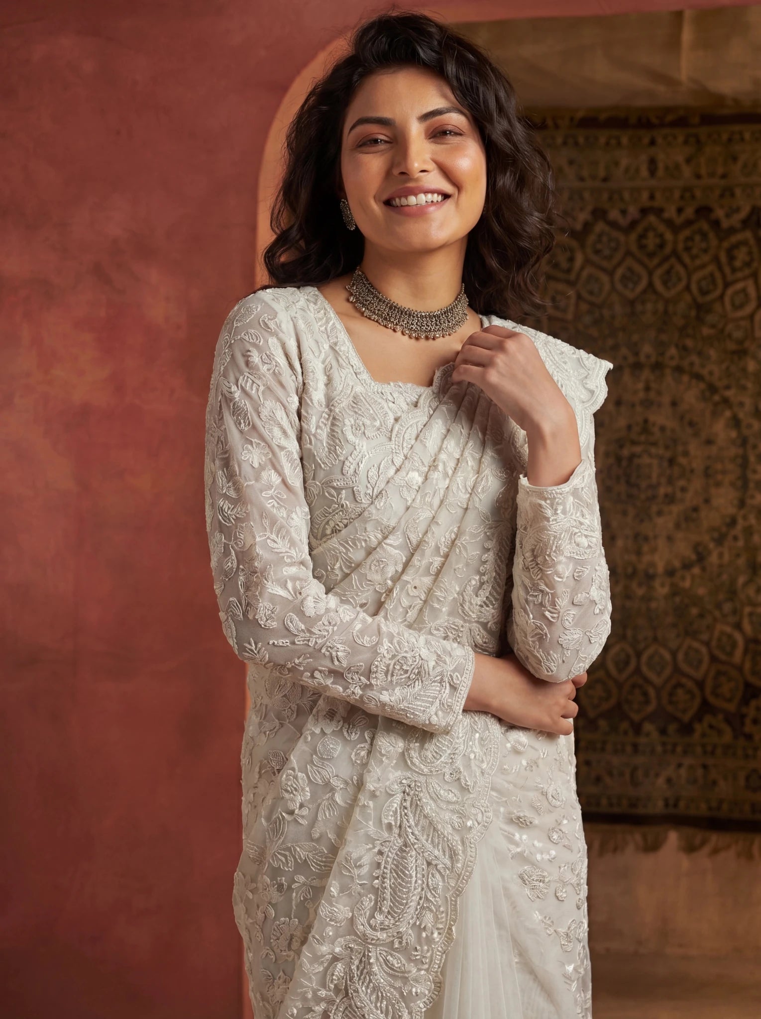 Premium Off White Net Saree with Heavy Thread & Sequin Handwork - Zimonza