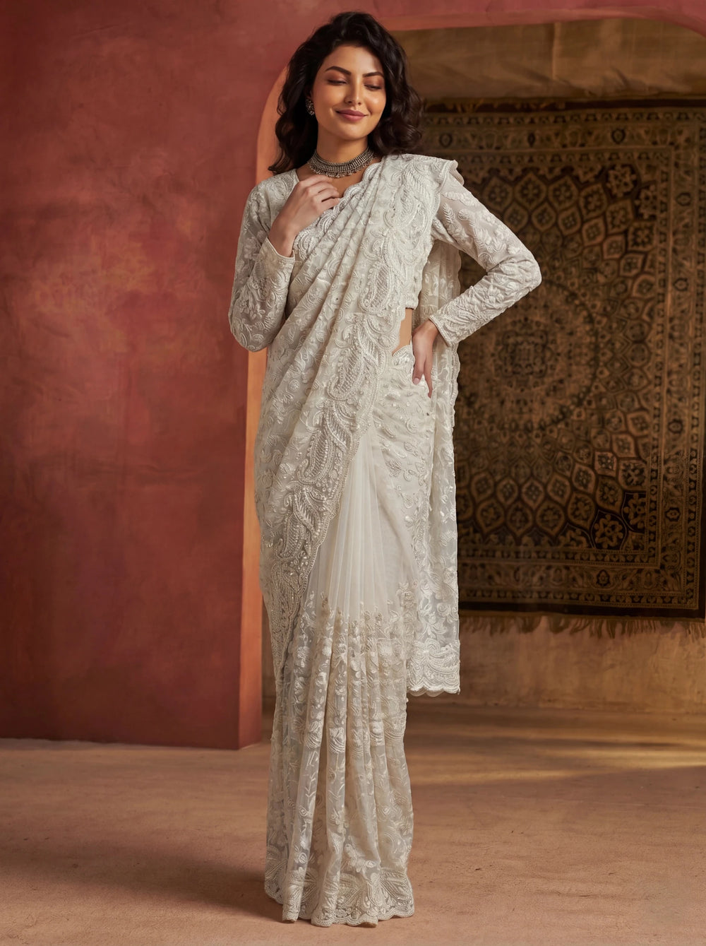 Premium Off White Net Saree with Heavy Thread & Sequin Handwork - Zimonza