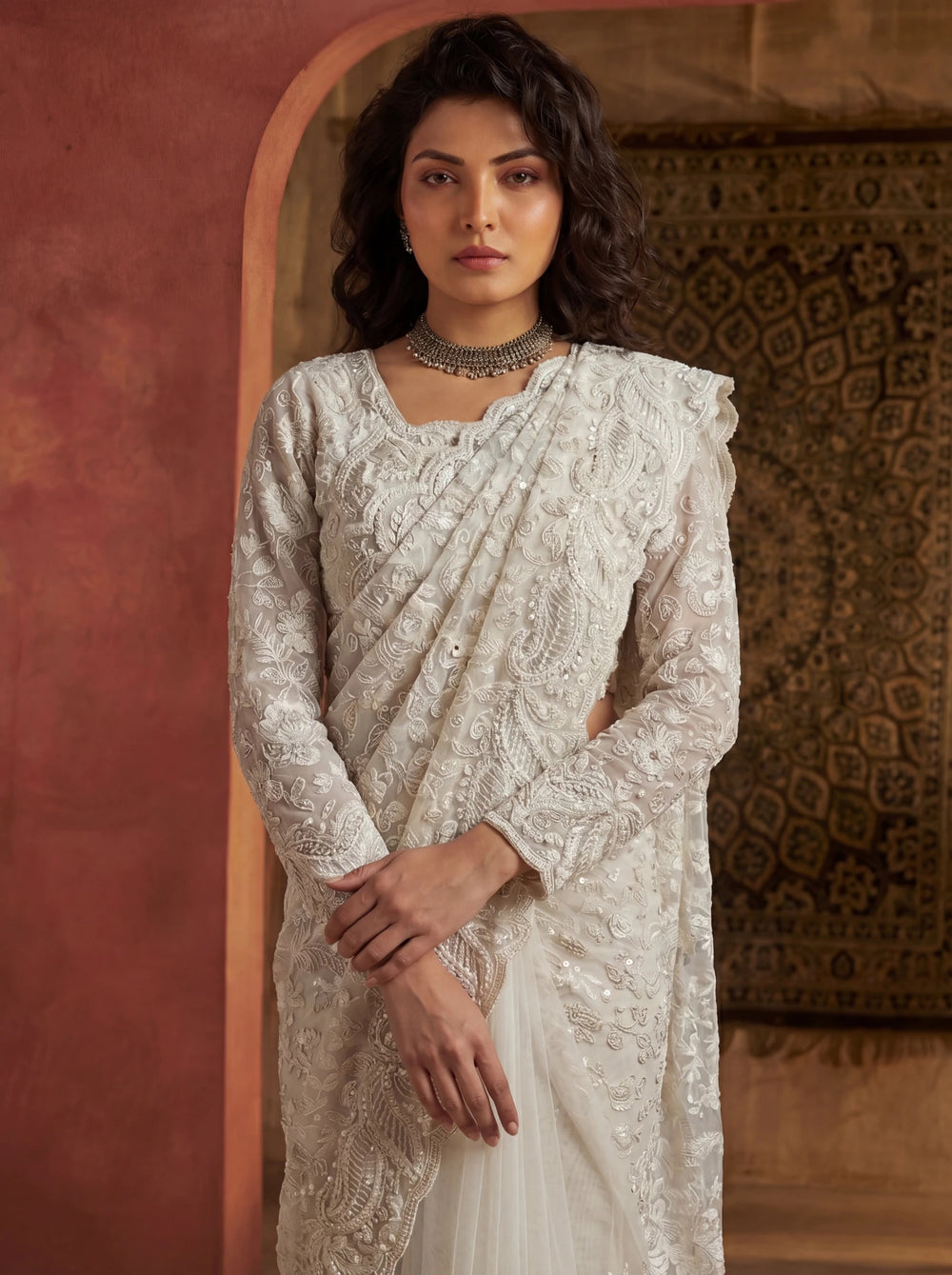 Premium Off White Net Saree with Heavy Thread & Sequin Handwork - Zimonza
