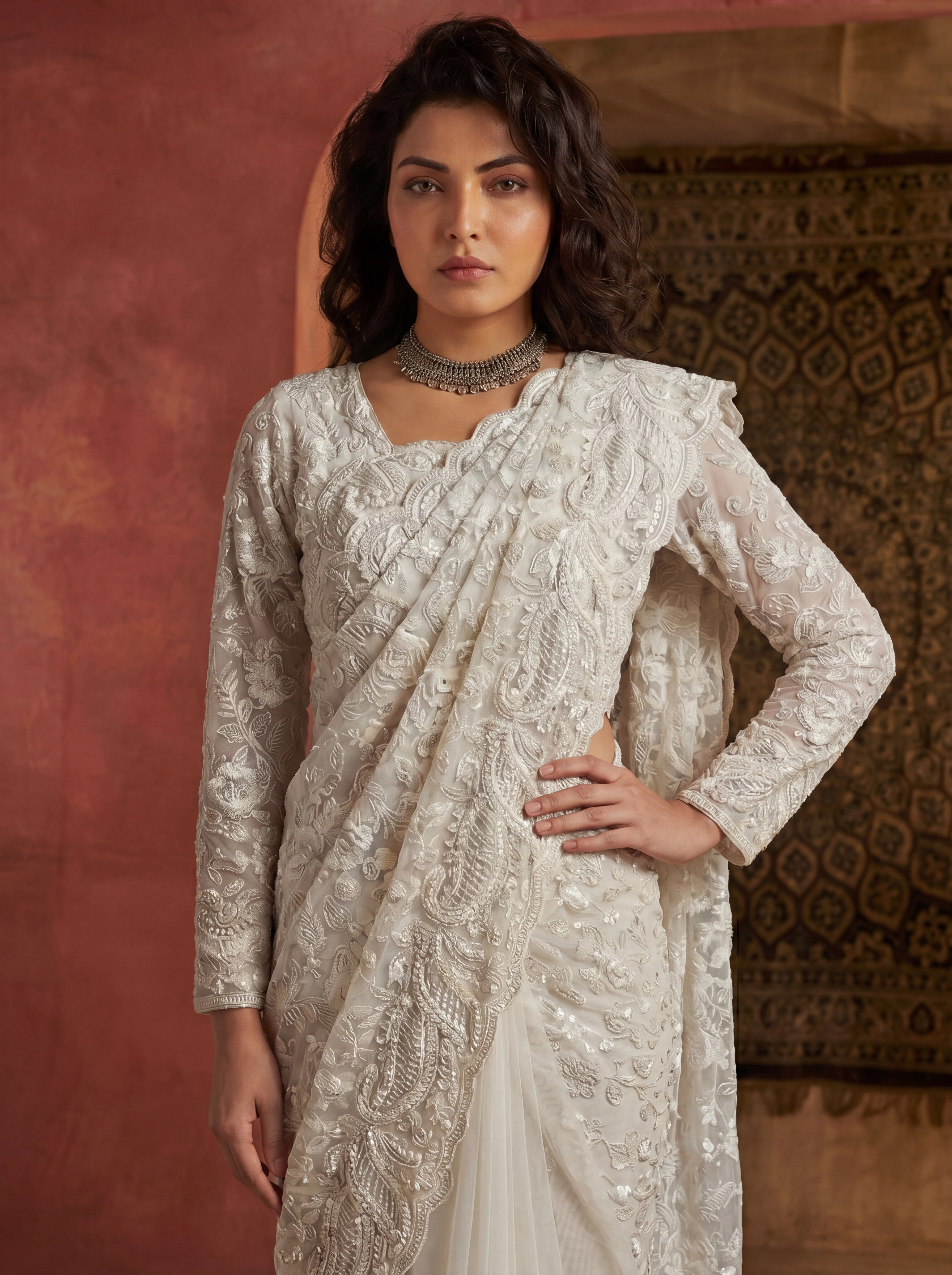 Premium Off White Net Saree with Heavy Thread & Sequin Handwork