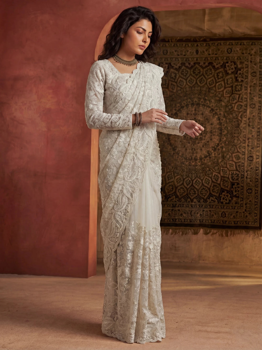 Premium Off White Net Saree with Heavy Thread & Sequin Handwork - Zimonza