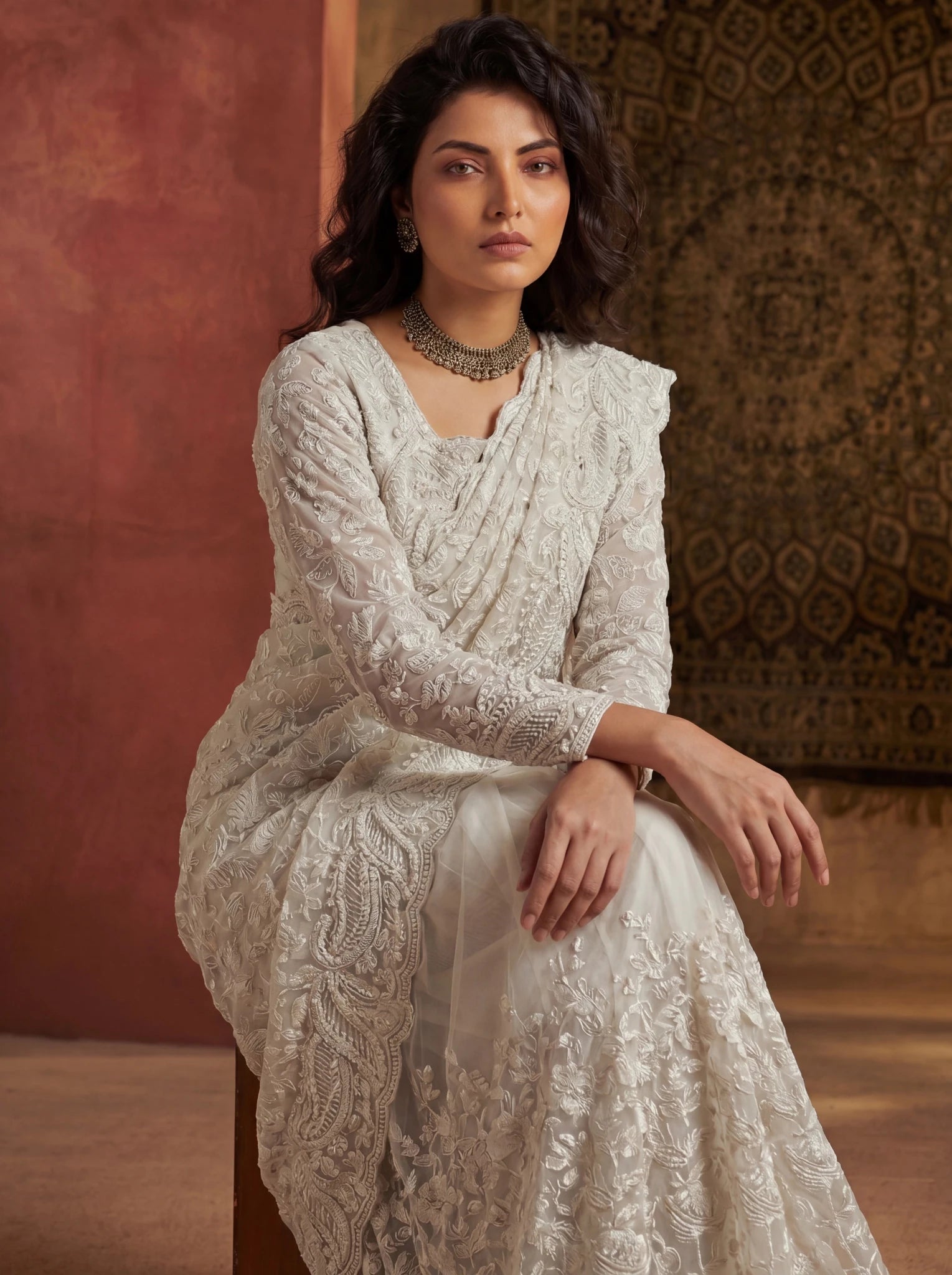 Premium Off White Net Saree with Heavy Thread & Sequin Handwork - Zimonza
