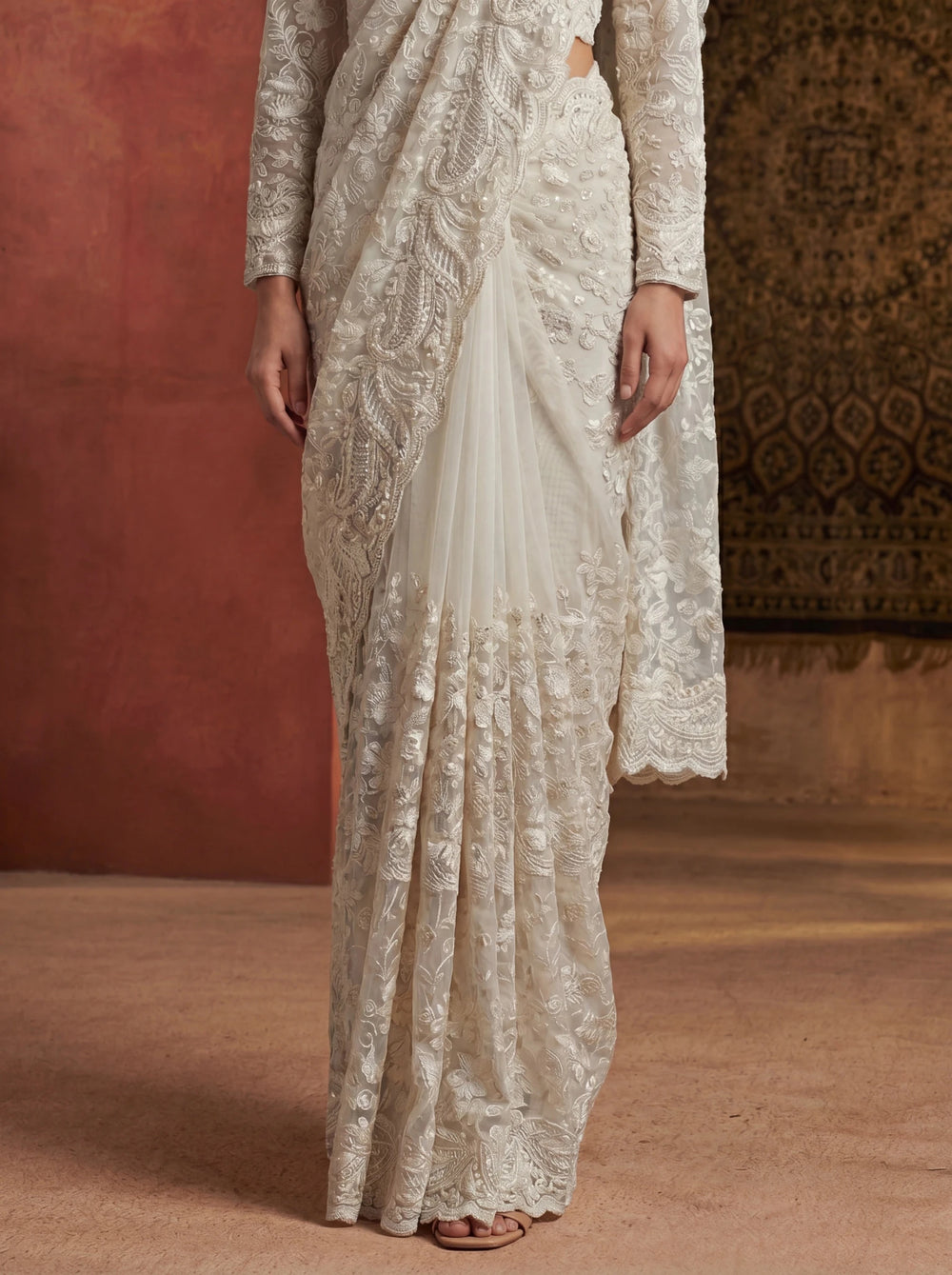 Premium Off White Net Saree with Heavy Thread & Sequin Handwork - Zimonza
