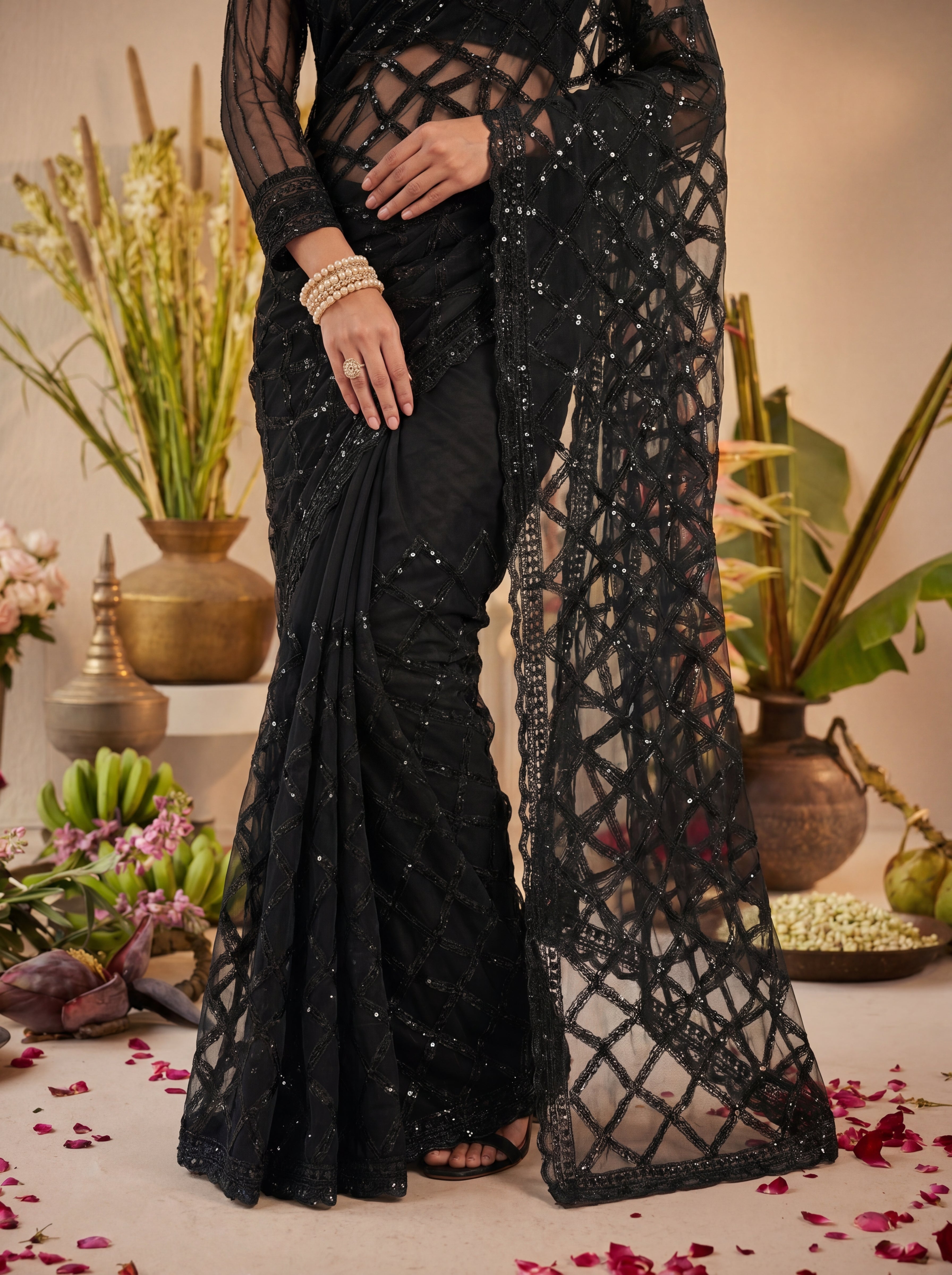 Elegant Champagne Black Designer Saree With Intricate Geometric Embroidery Handwork
