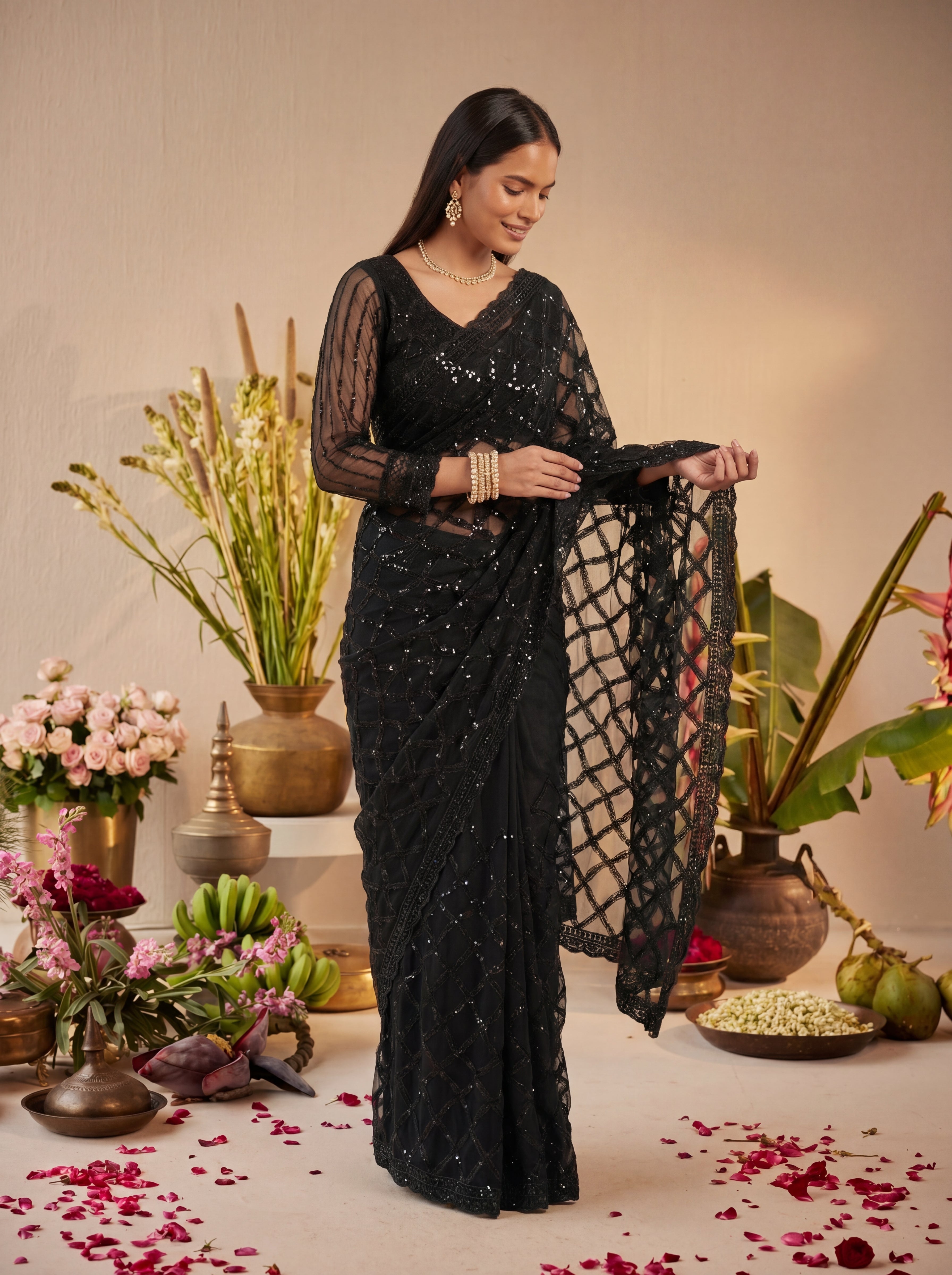 Elegant Champagne Black Designer Saree With Intricate Geometric Embroidery Handwork