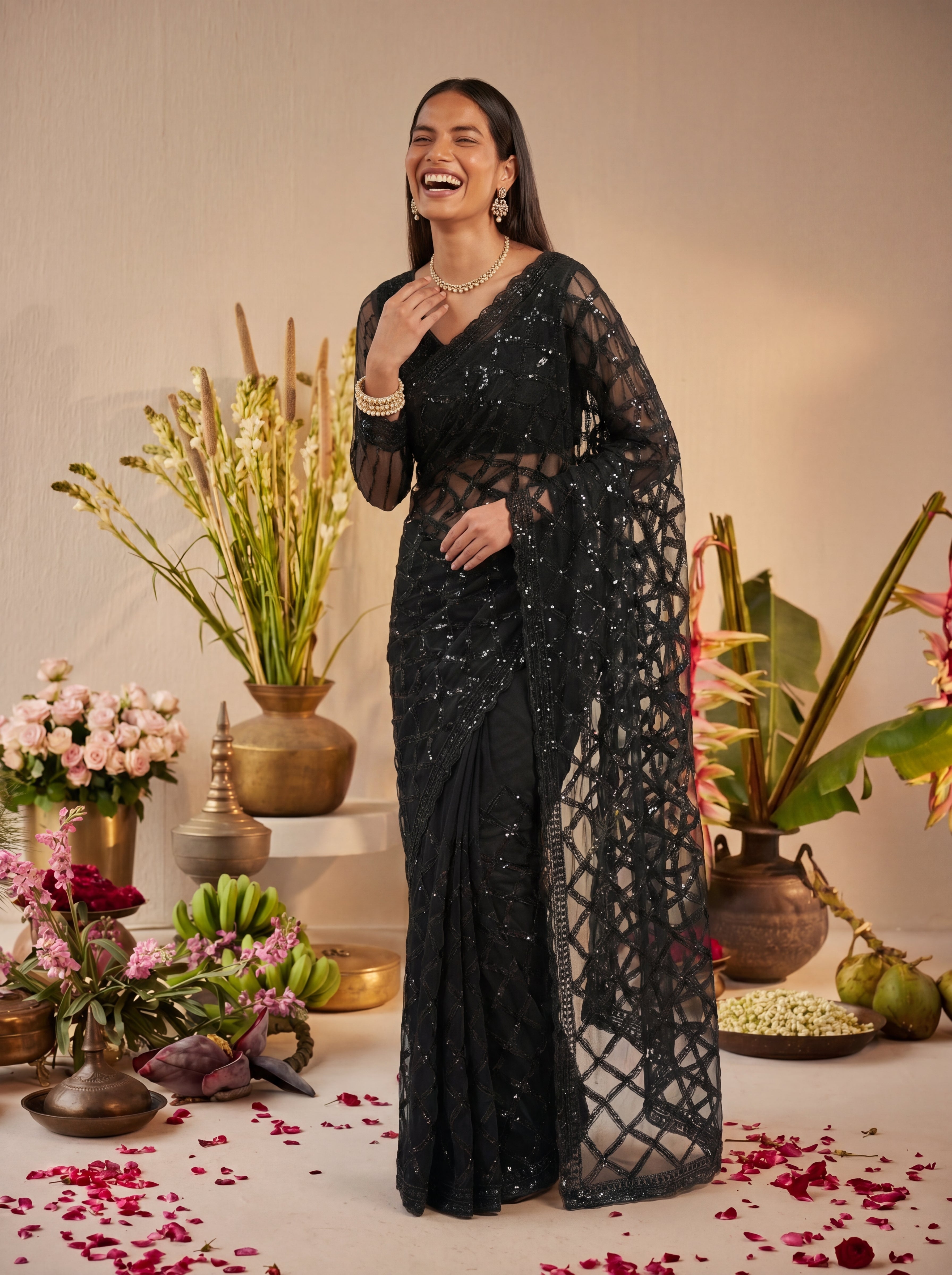 Elegant Champagne Black Designer Saree With Intricate Geometric Embroidery Handwork