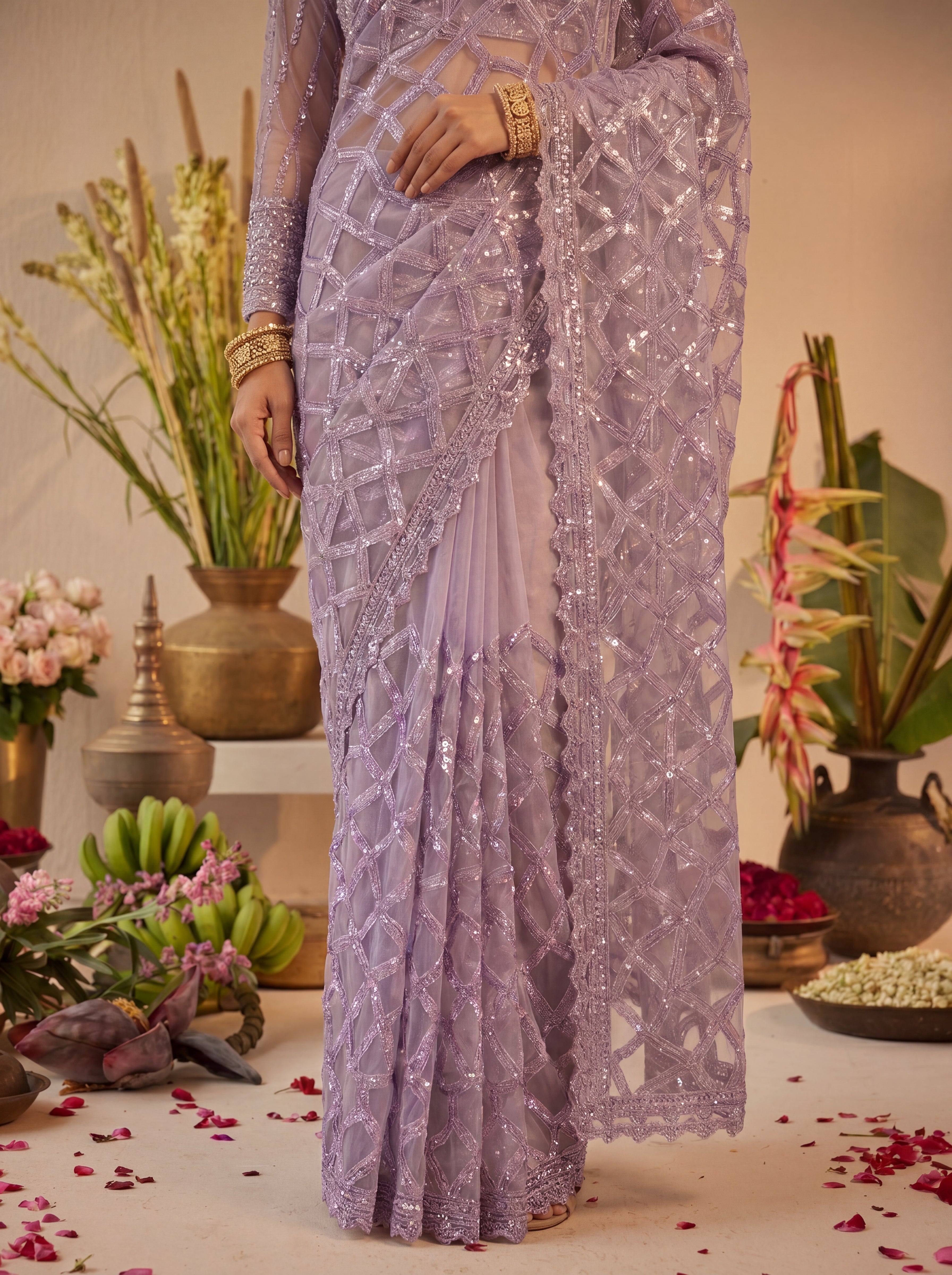 Elegant Champagne Lavender Designer Saree With Intricate Geometric Embroidery Handwork