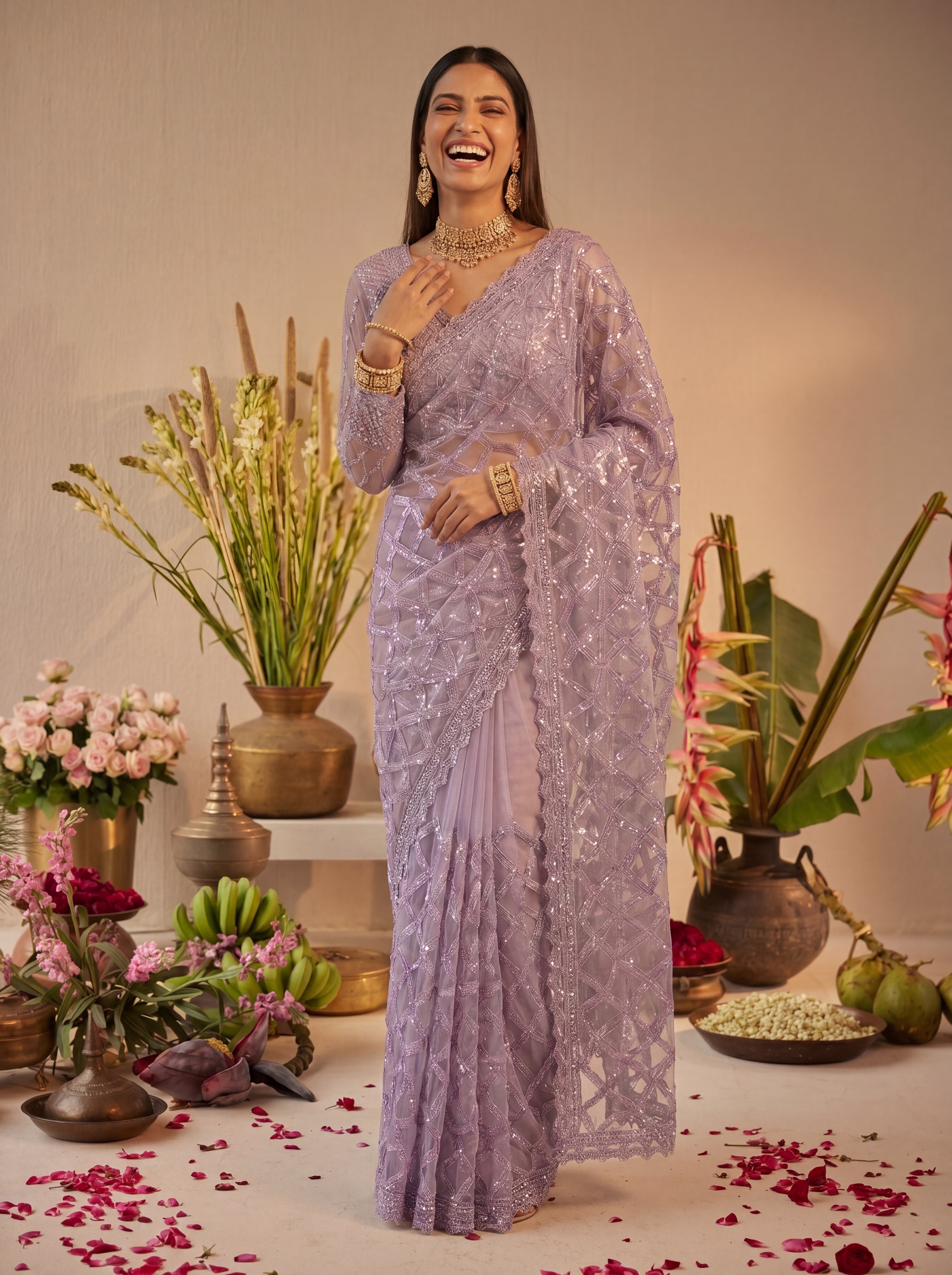 Elegant Champagne Lavender Designer Saree With Intricate Geometric Embroidery Handwork
