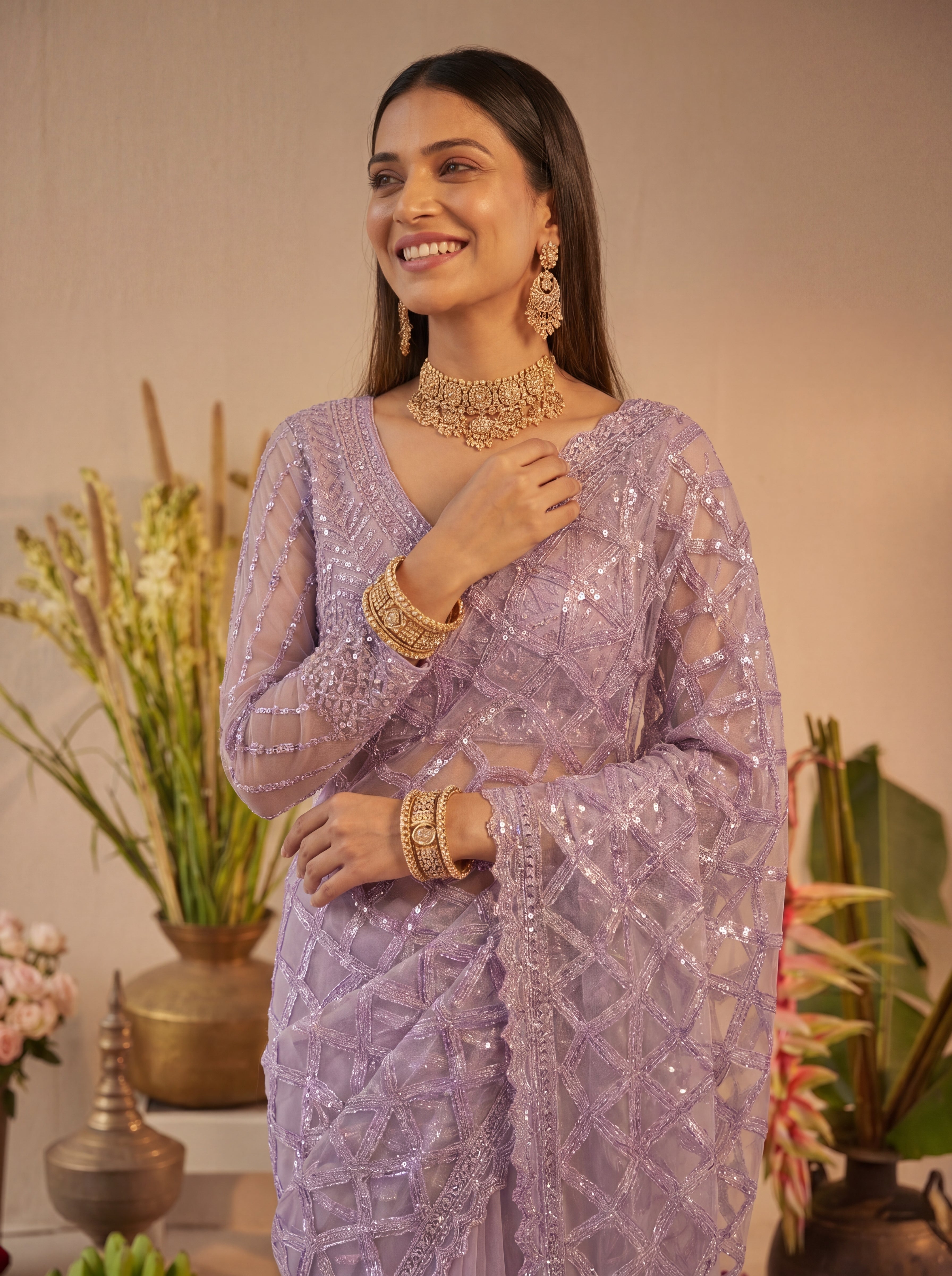 Elegant Champagne Lavender Designer Saree With Intricate Geometric Embroidery Handwork