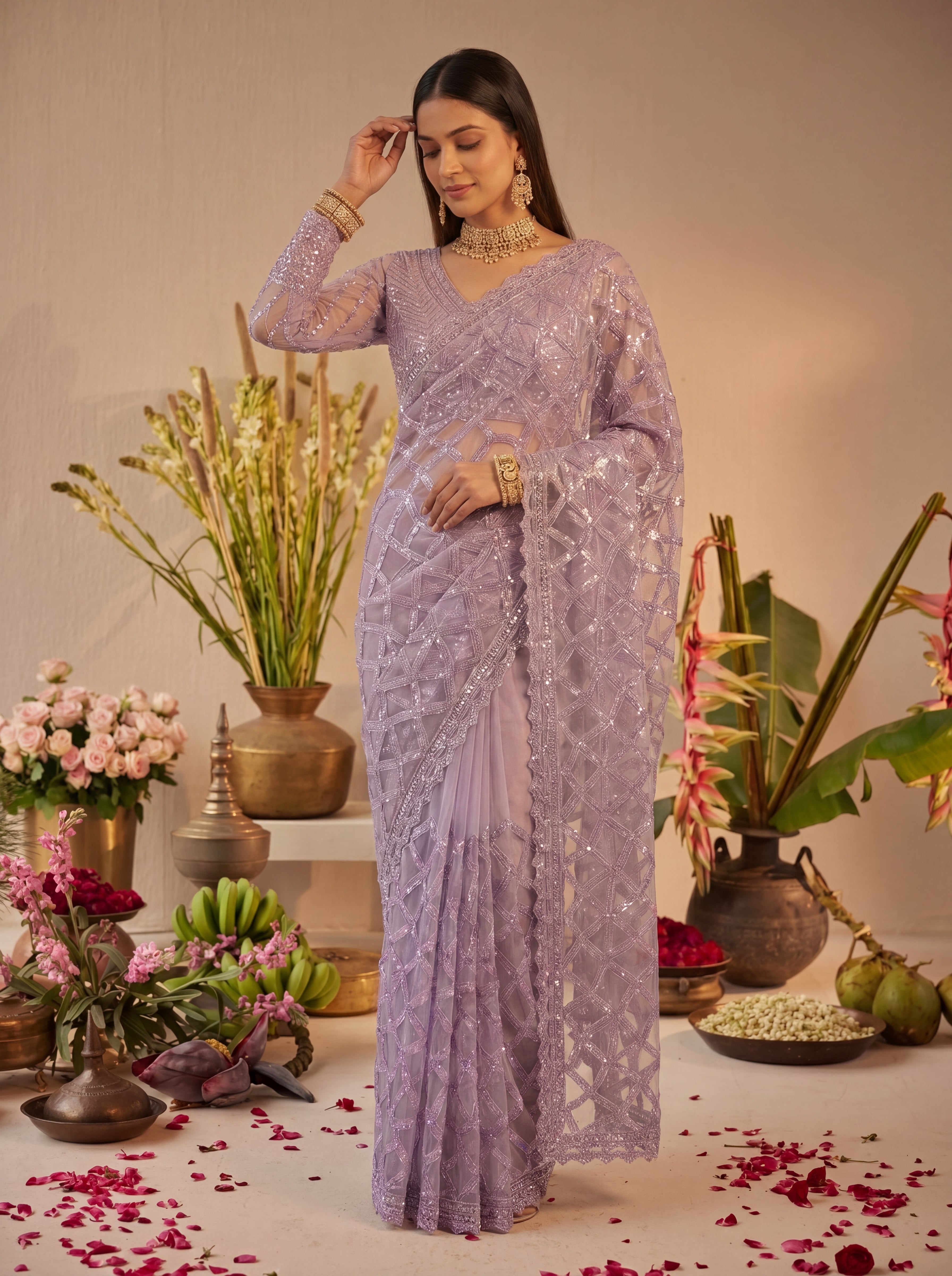 Elegant Champagne Lavender Designer Saree With Intricate Geometric Embroidery Handwork