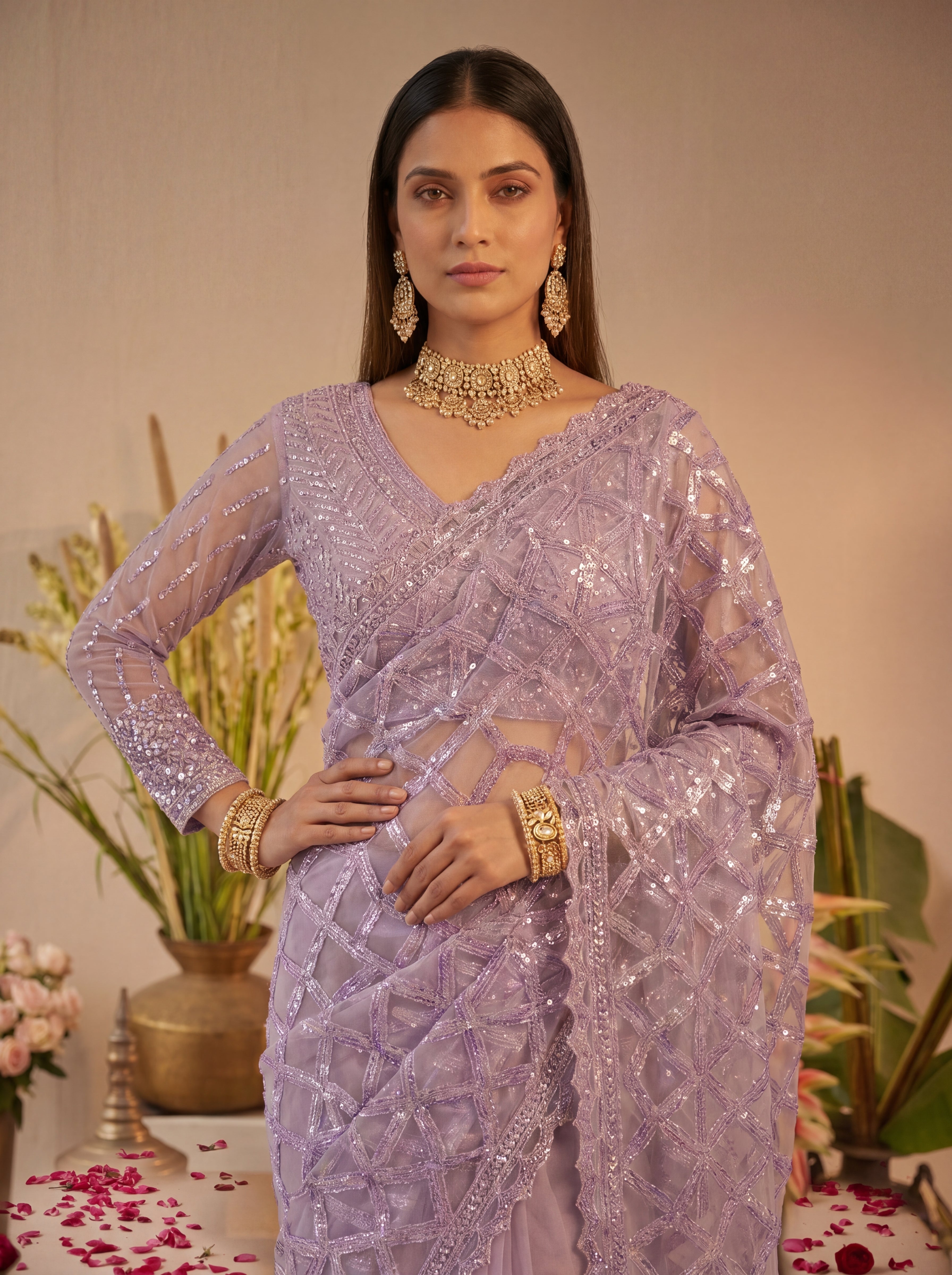 Elegant Champagne Lavender Designer Saree With Intricate Geometric Embroidery Handwork
