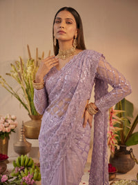Elegant Champagne Lavender Designer Saree With Intricate Geometric Embroidery Handwork