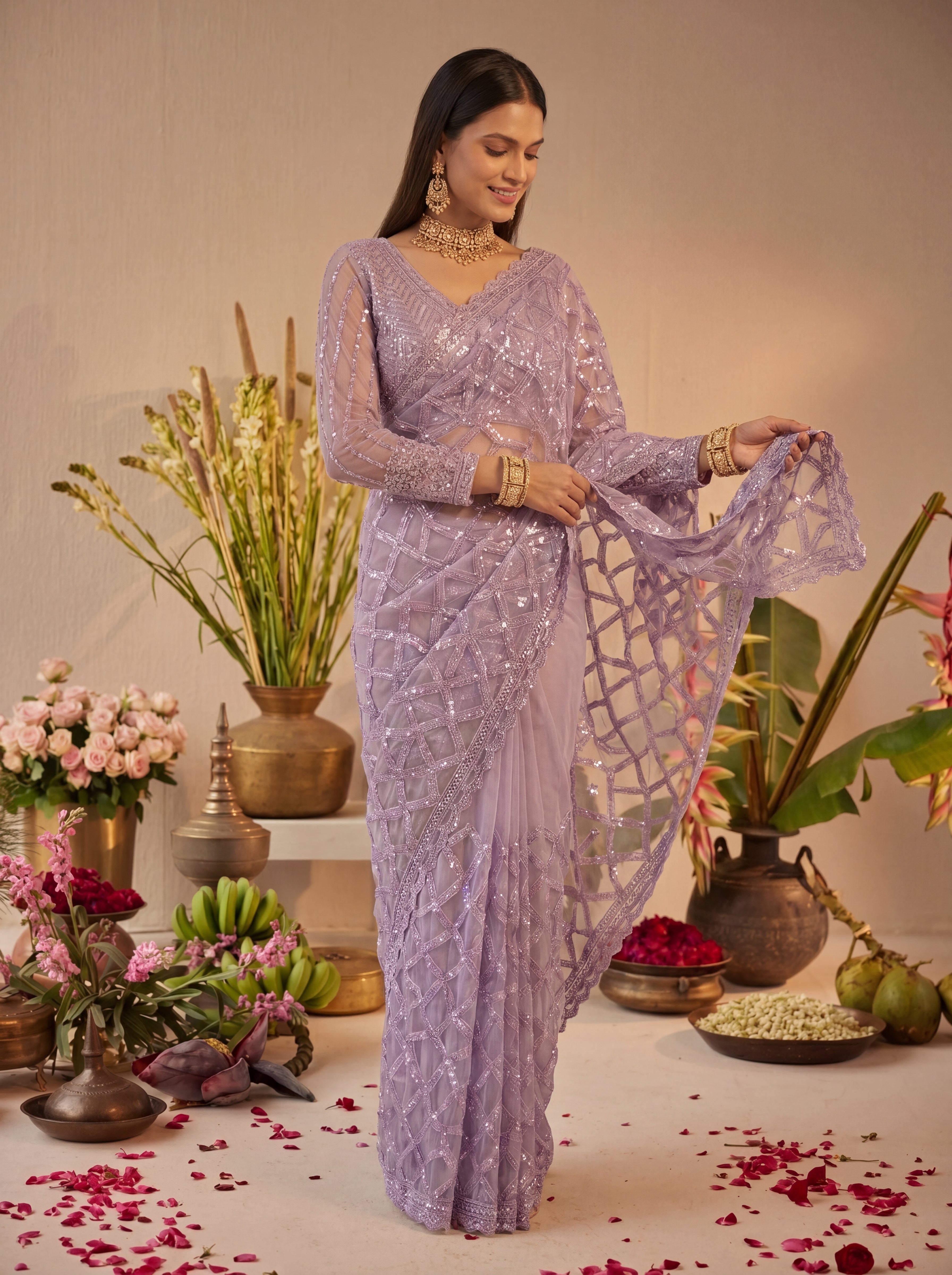 Elegant Champagne Lavender Designer Saree With Intricate Geometric Embroidery Handwork