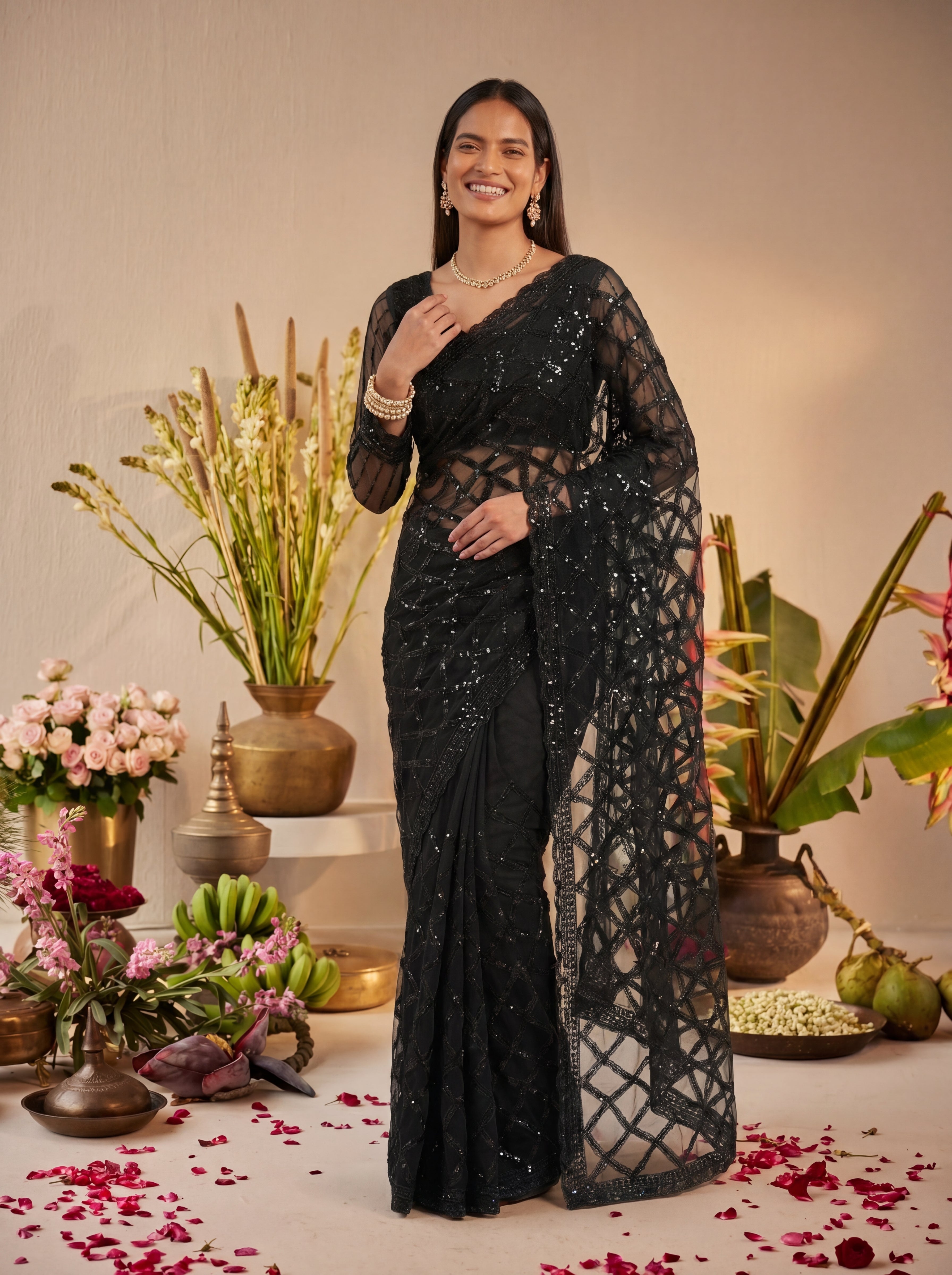 Elegant Champagne Black Designer Saree With Intricate Geometric Embroidery Handwork
