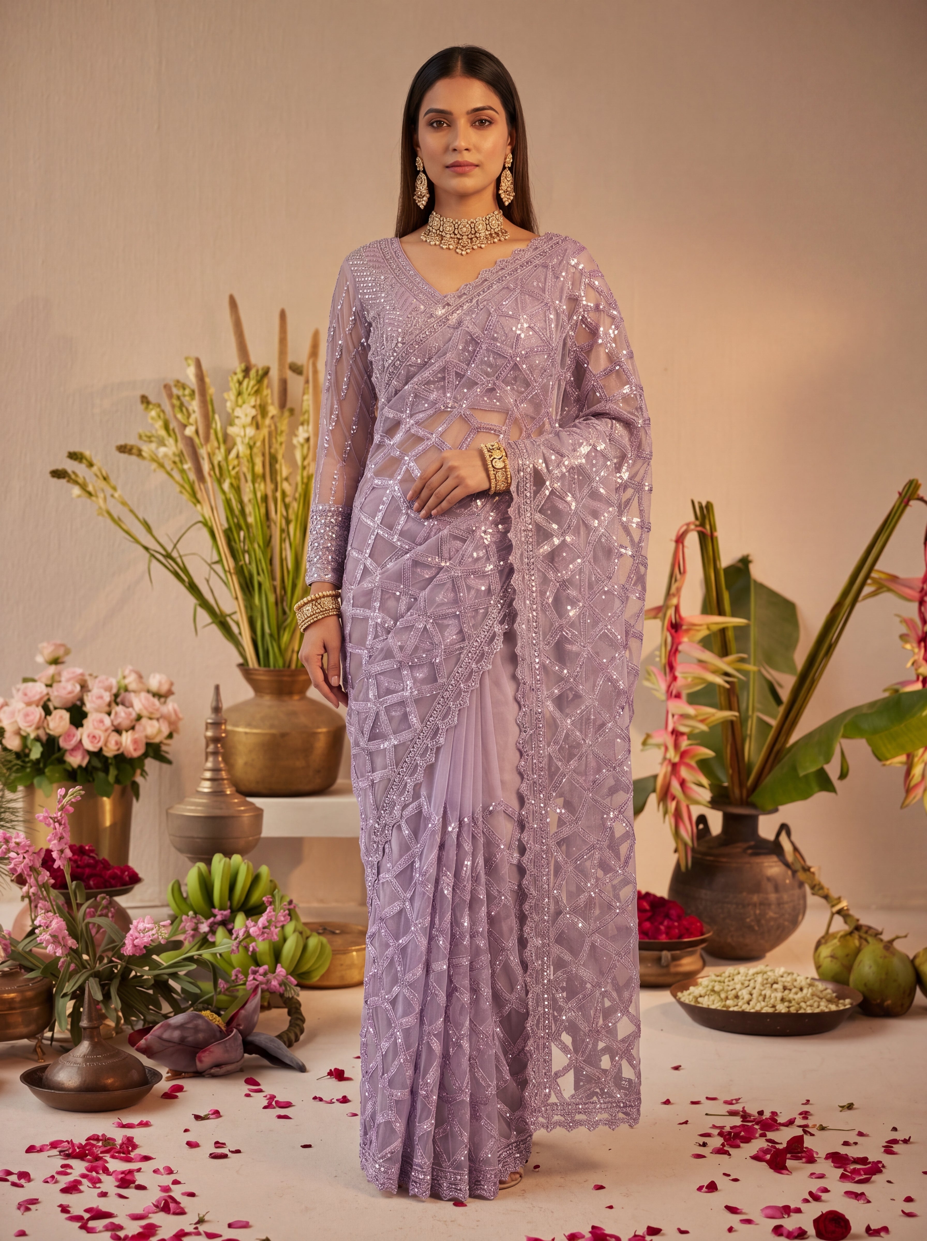 Elegant Champagne Lavender Designer Saree With Intricate Geometric Embroidery Handwork