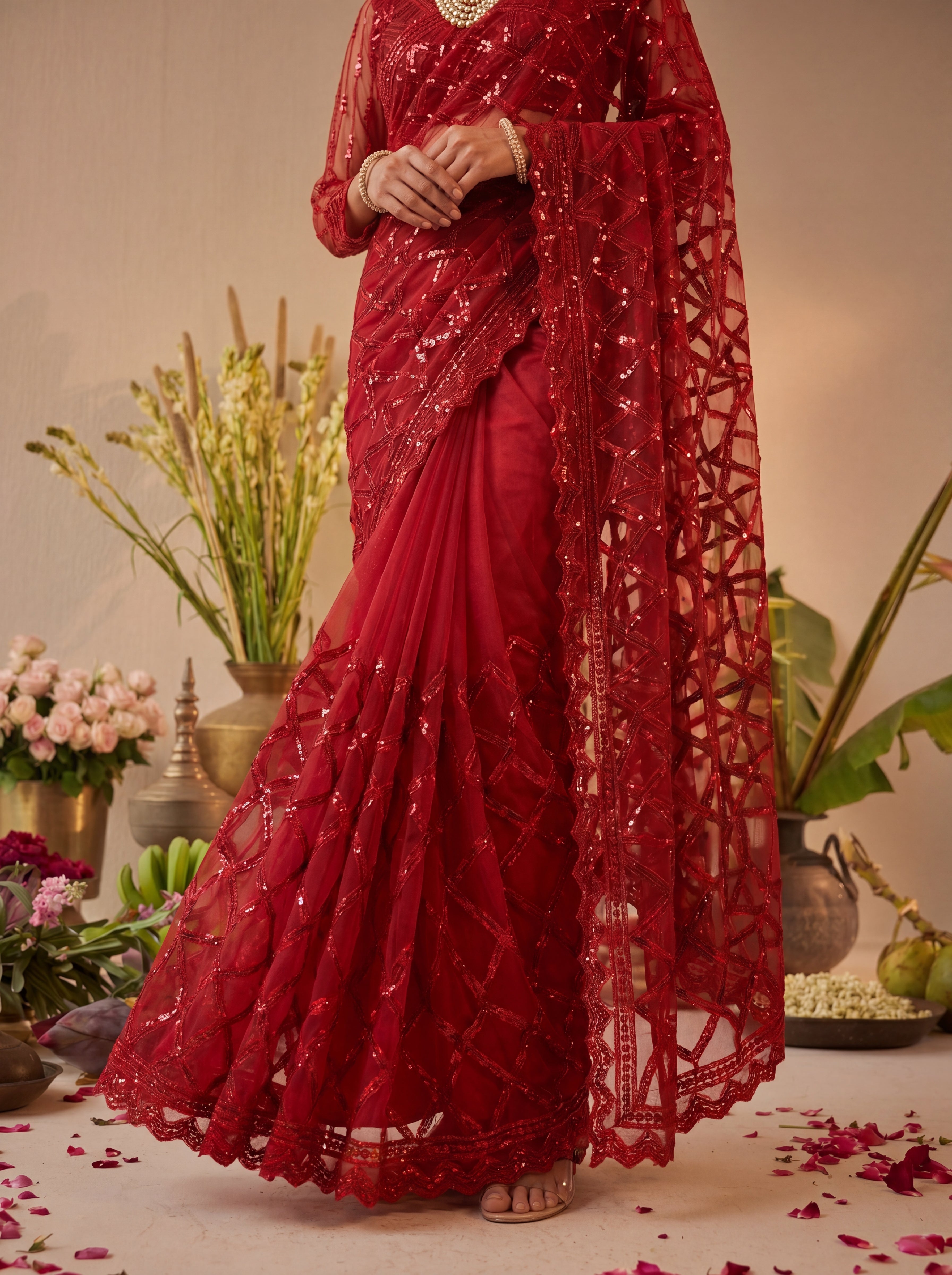 Elegant Champagne Red Designer Saree With Intricate Geometric Embroidery Handwork