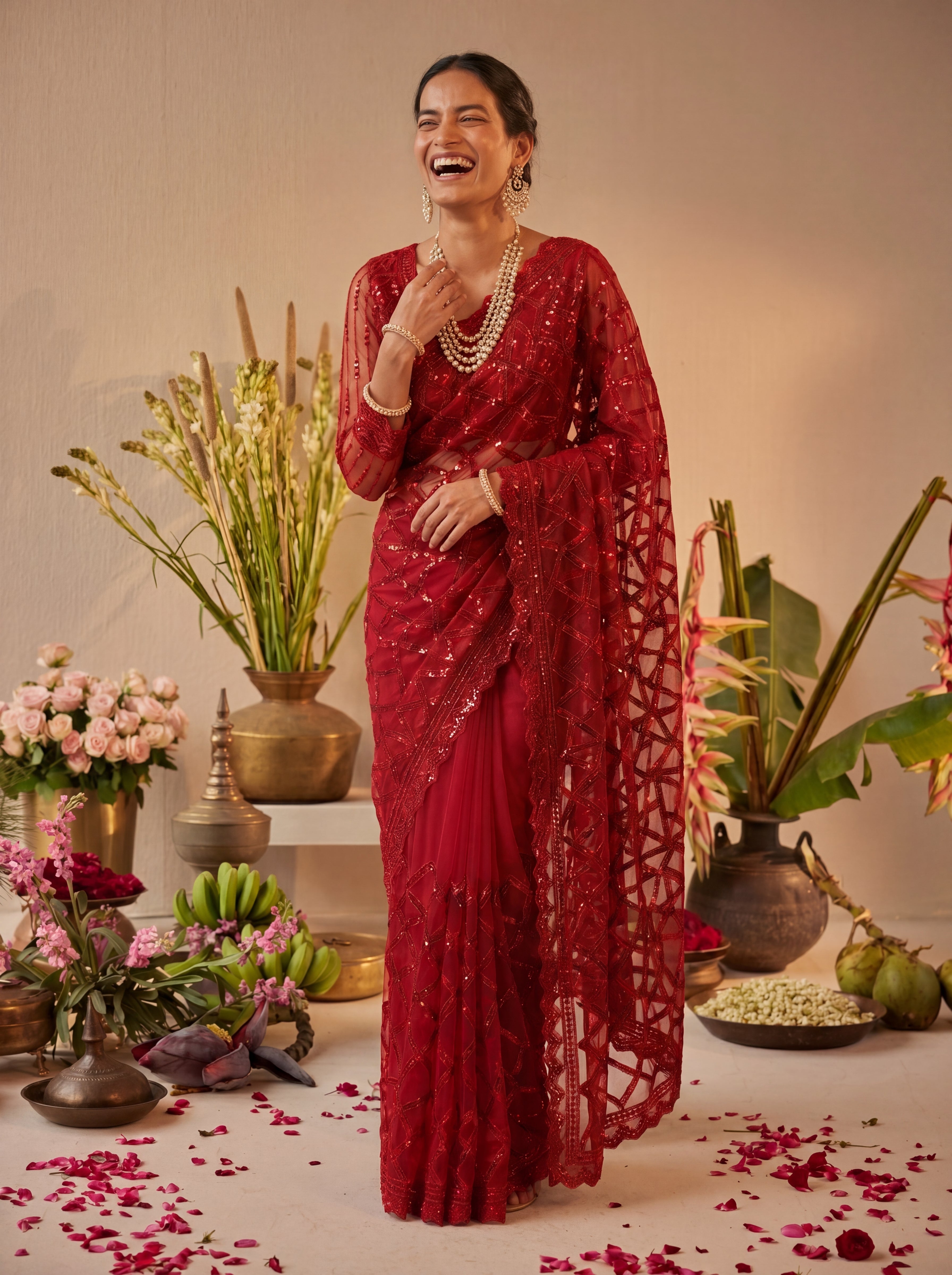 Elegant Champagne Red Designer Saree With Intricate Geometric Embroidery Handwork