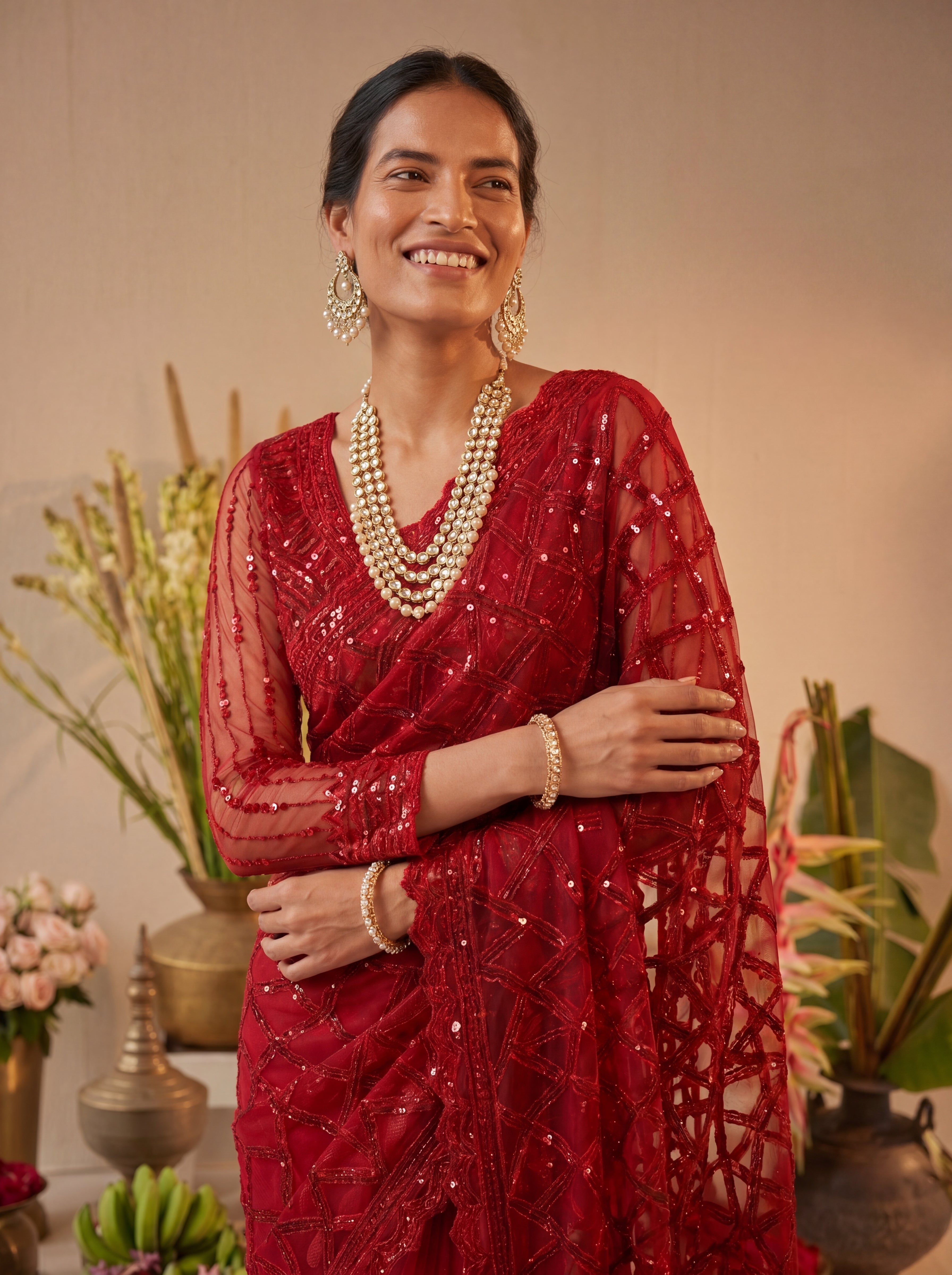 Elegant Champagne Red Designer Saree With Intricate Geometric Embroidery Handwork