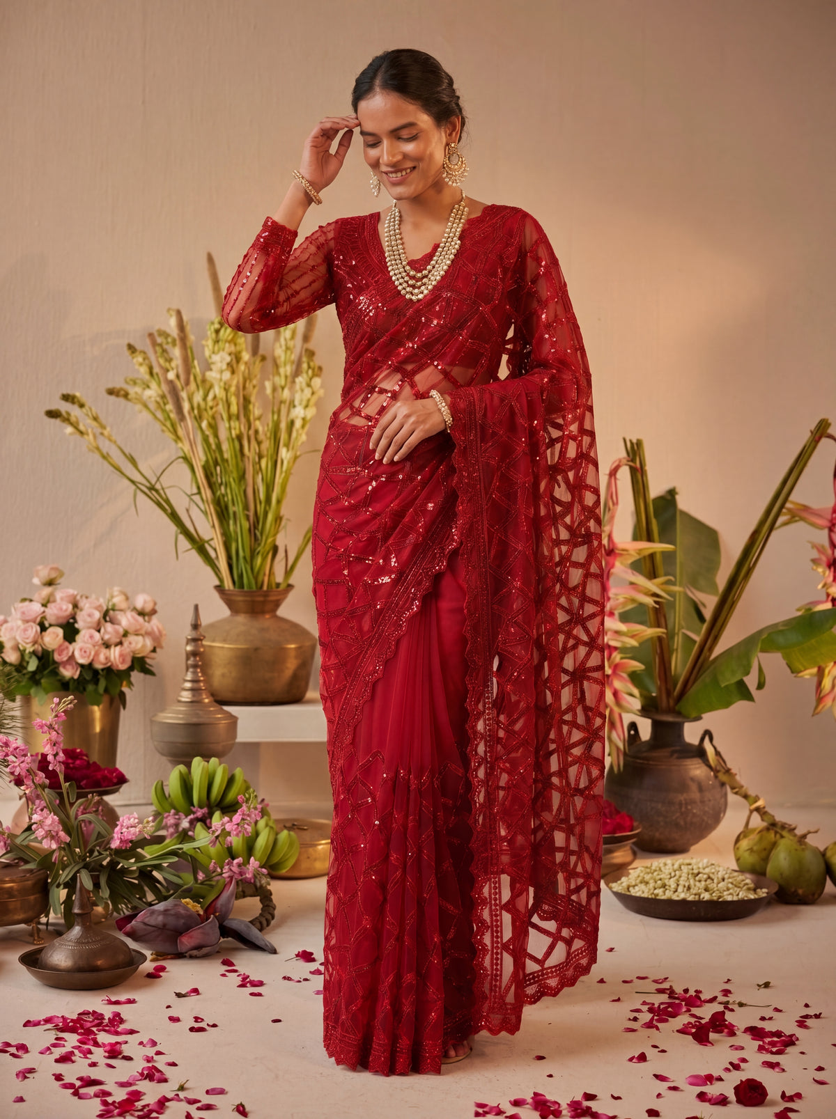Elegant Champagne Red Designer Saree With Intricate Geometric Embroidery Handwork