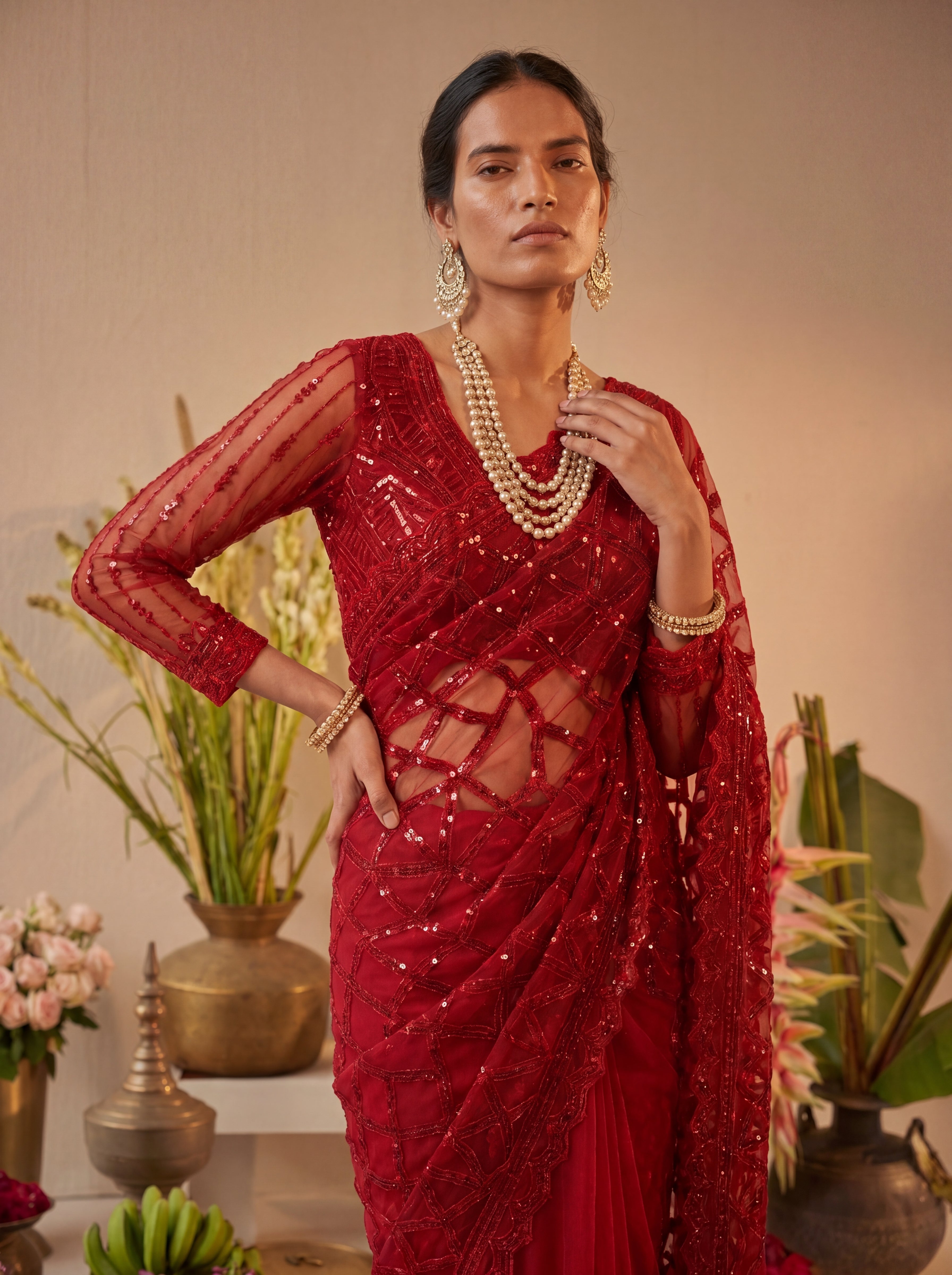 Elegant Champagne Red Designer Saree With Intricate Geometric Embroidery Handwork