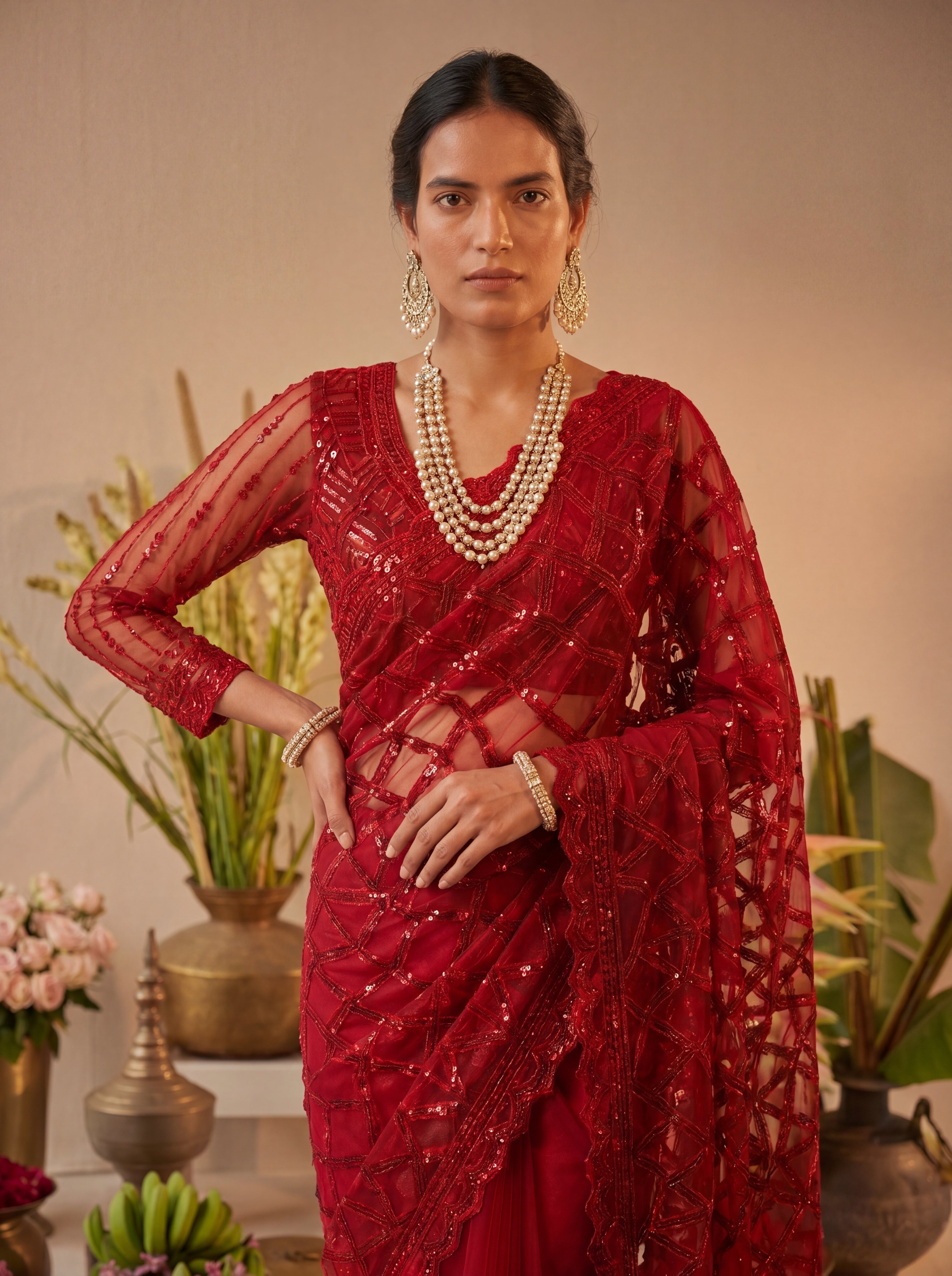 Elegant Champagne Red Designer Saree With Intricate Geometric Embroidery Handwork