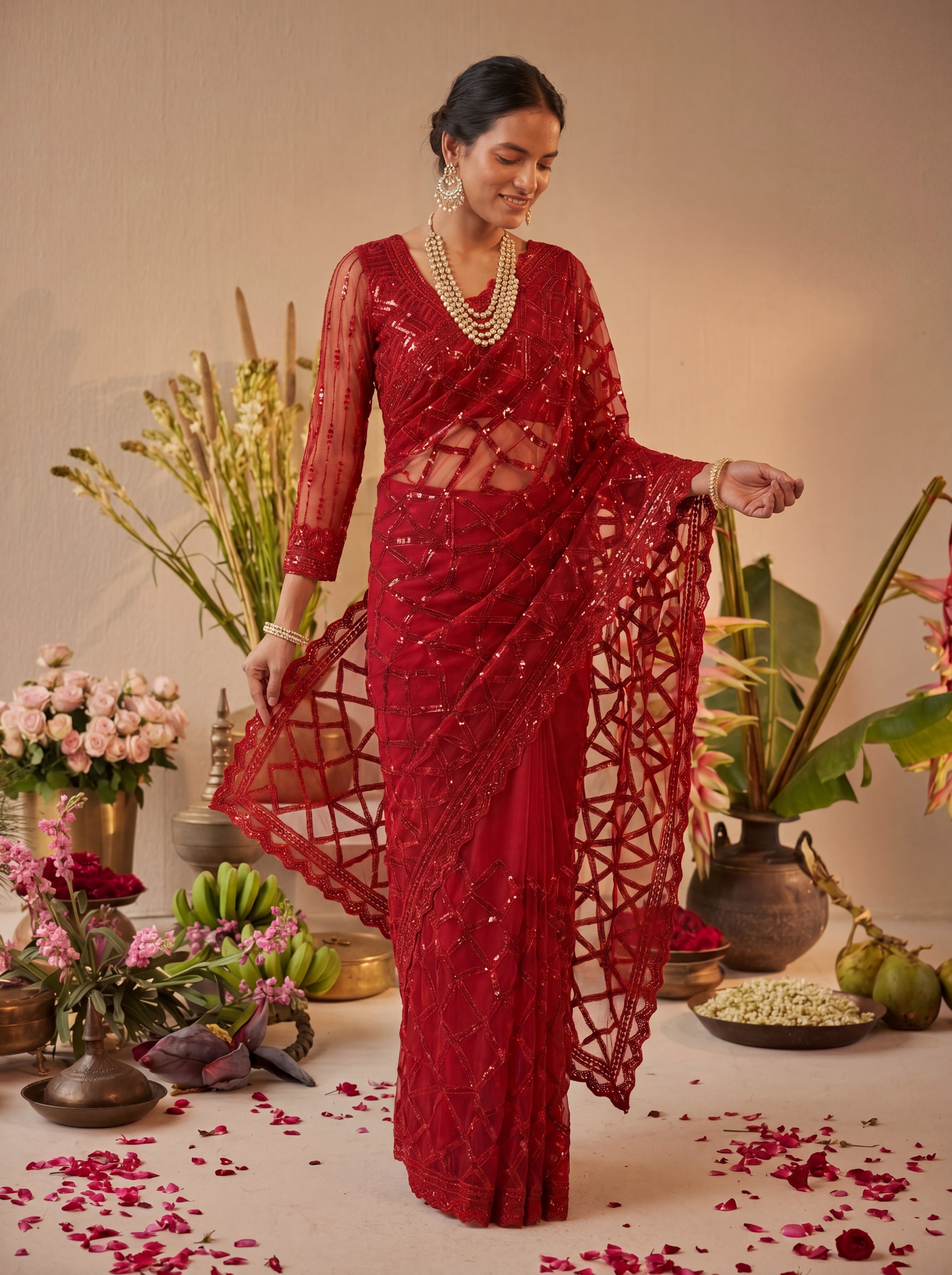 Elegant Champagne Red Designer Saree With Intricate Geometric Embroidery Handwork
