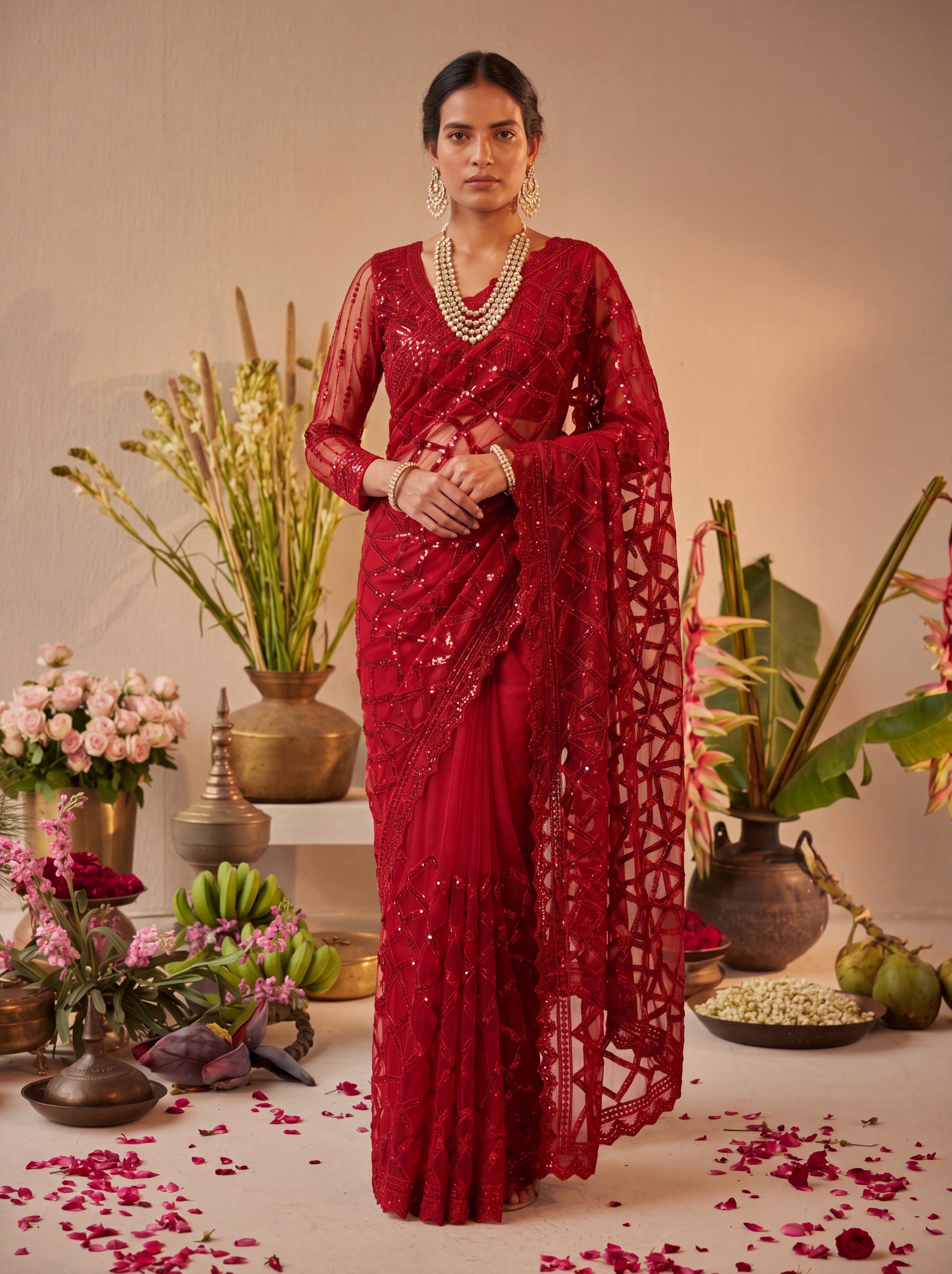 Elegant Champagne Red Designer Saree With Intricate Geometric Embroidery Handwork
