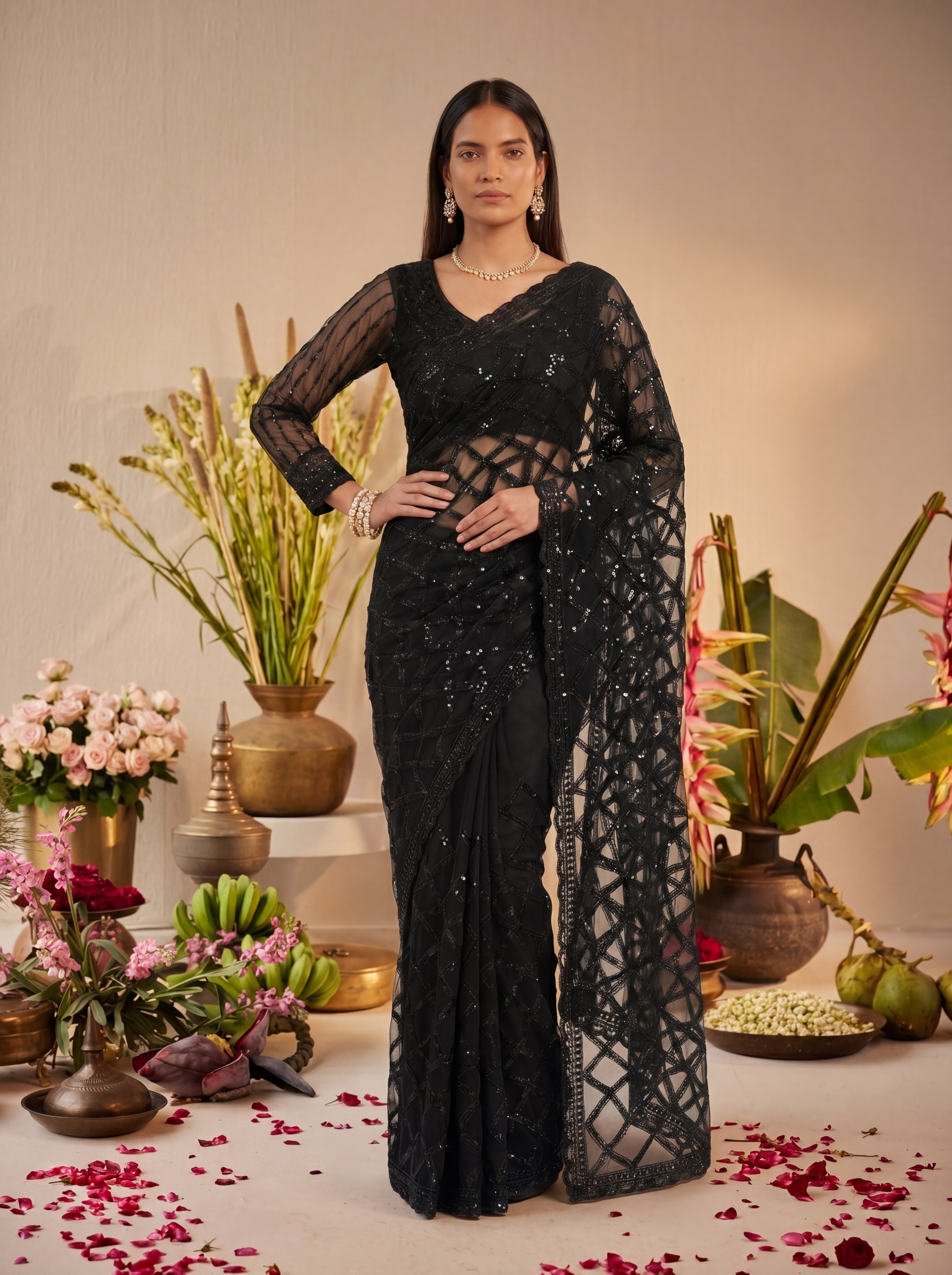 Elegant Champagne Black Designer Saree With Intricate Geometric Embroidery Handwork