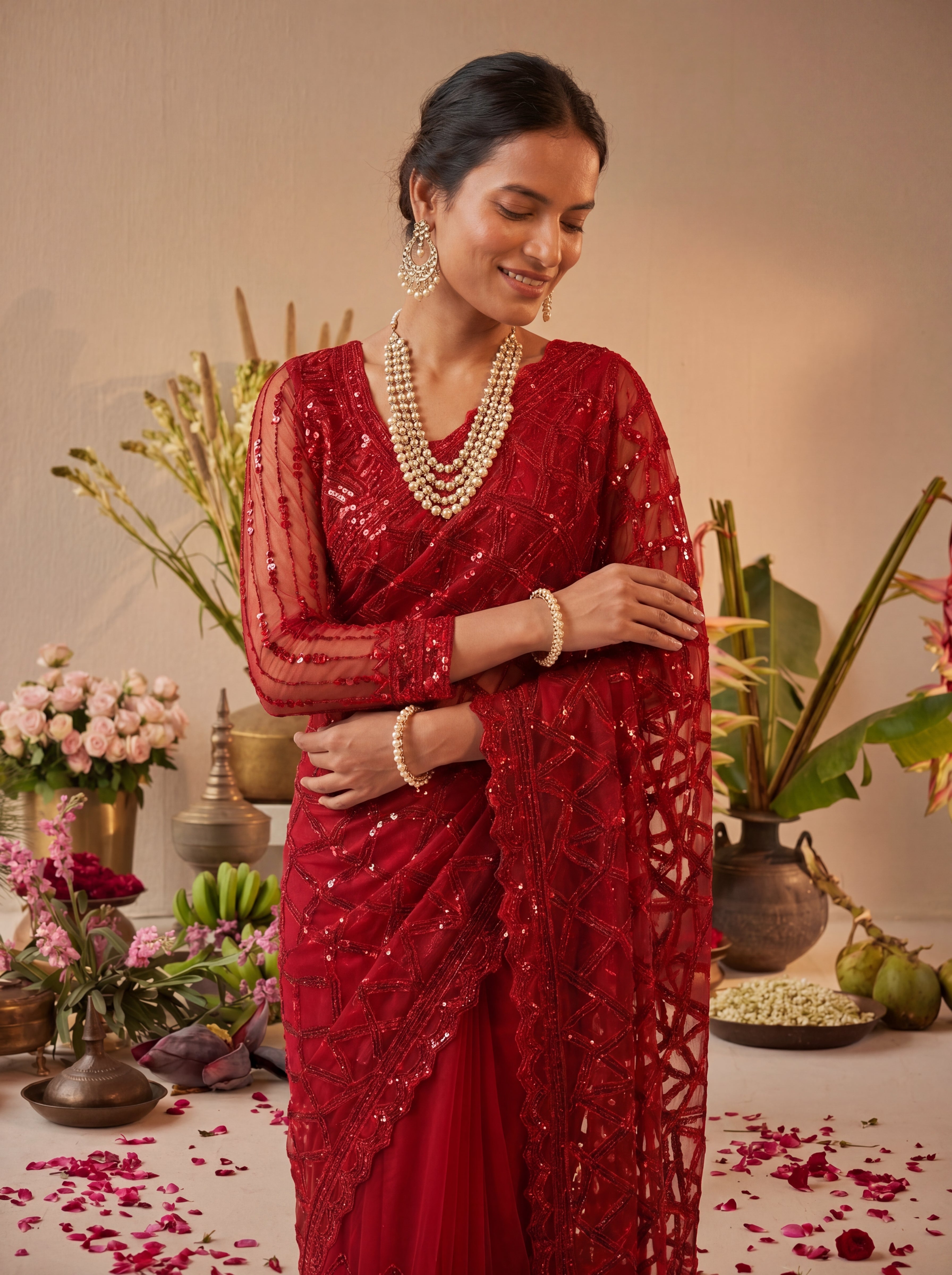 Elegant Champagne Red Designer Saree With Intricate Geometric Embroidery Handwork