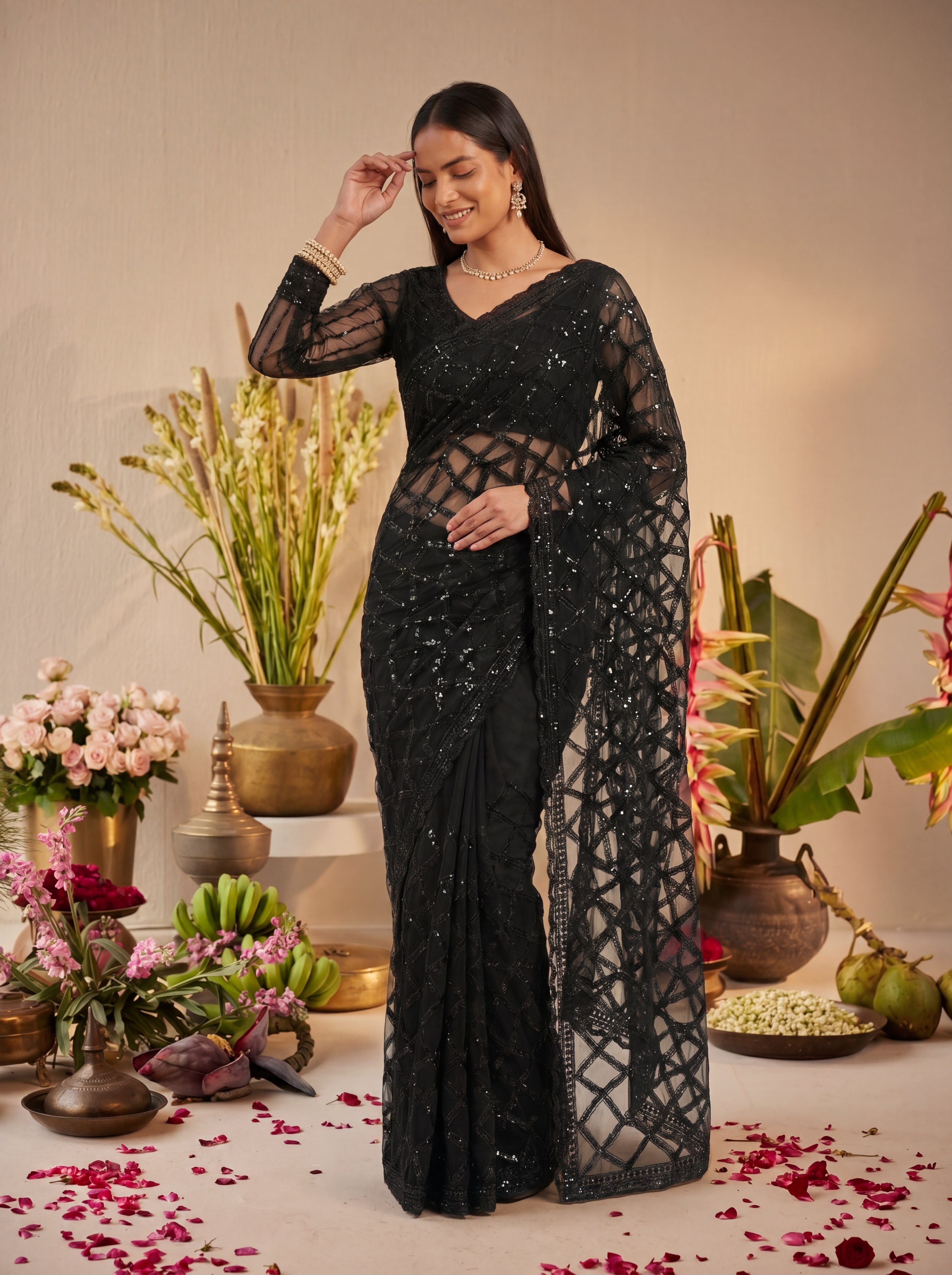 Elegant Champagne Black Designer Saree With Intricate Geometric Embroidery Handwork