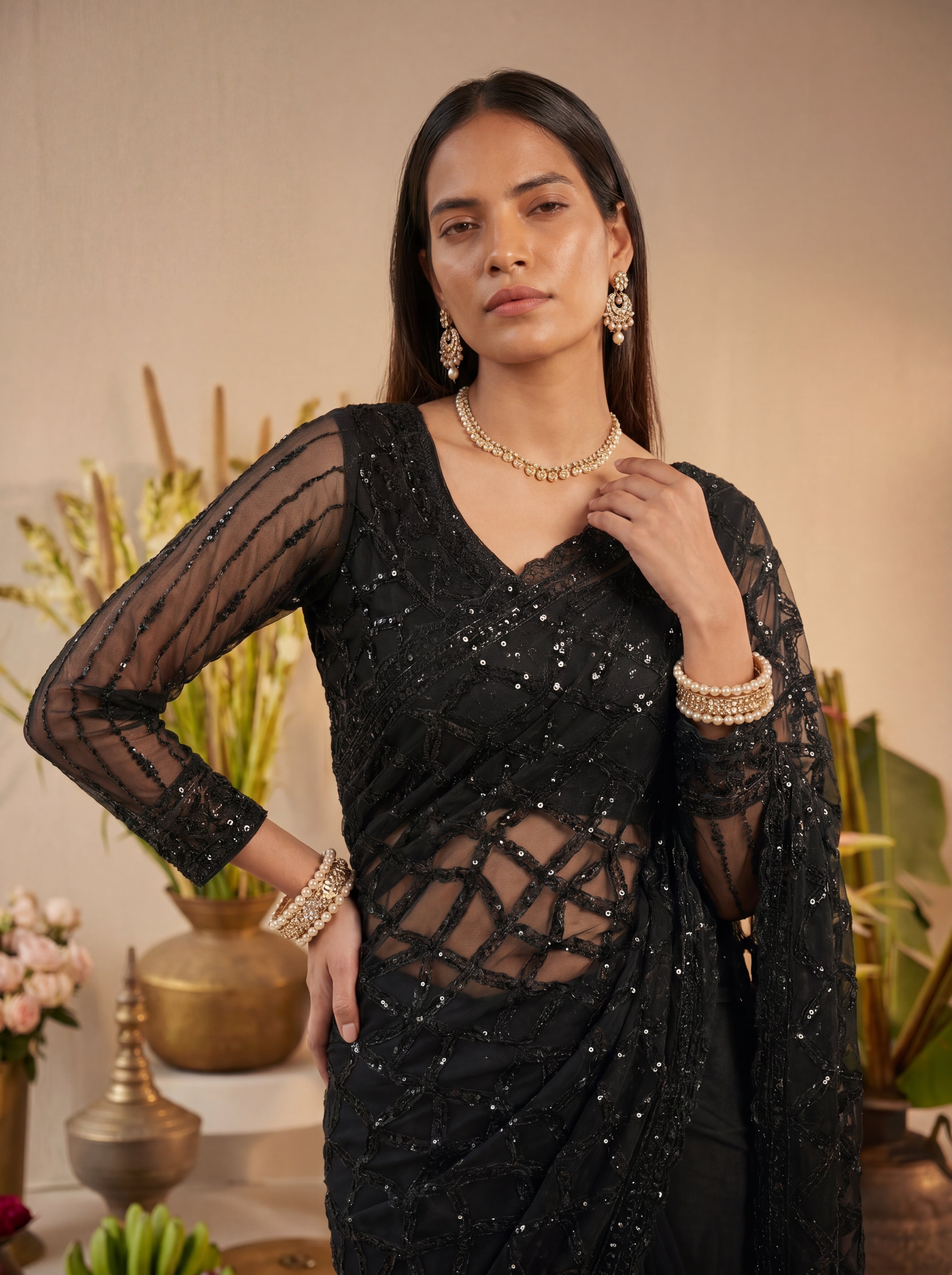 Elegant Champagne Black Designer Saree With Intricate Geometric Embroidery Handwork
