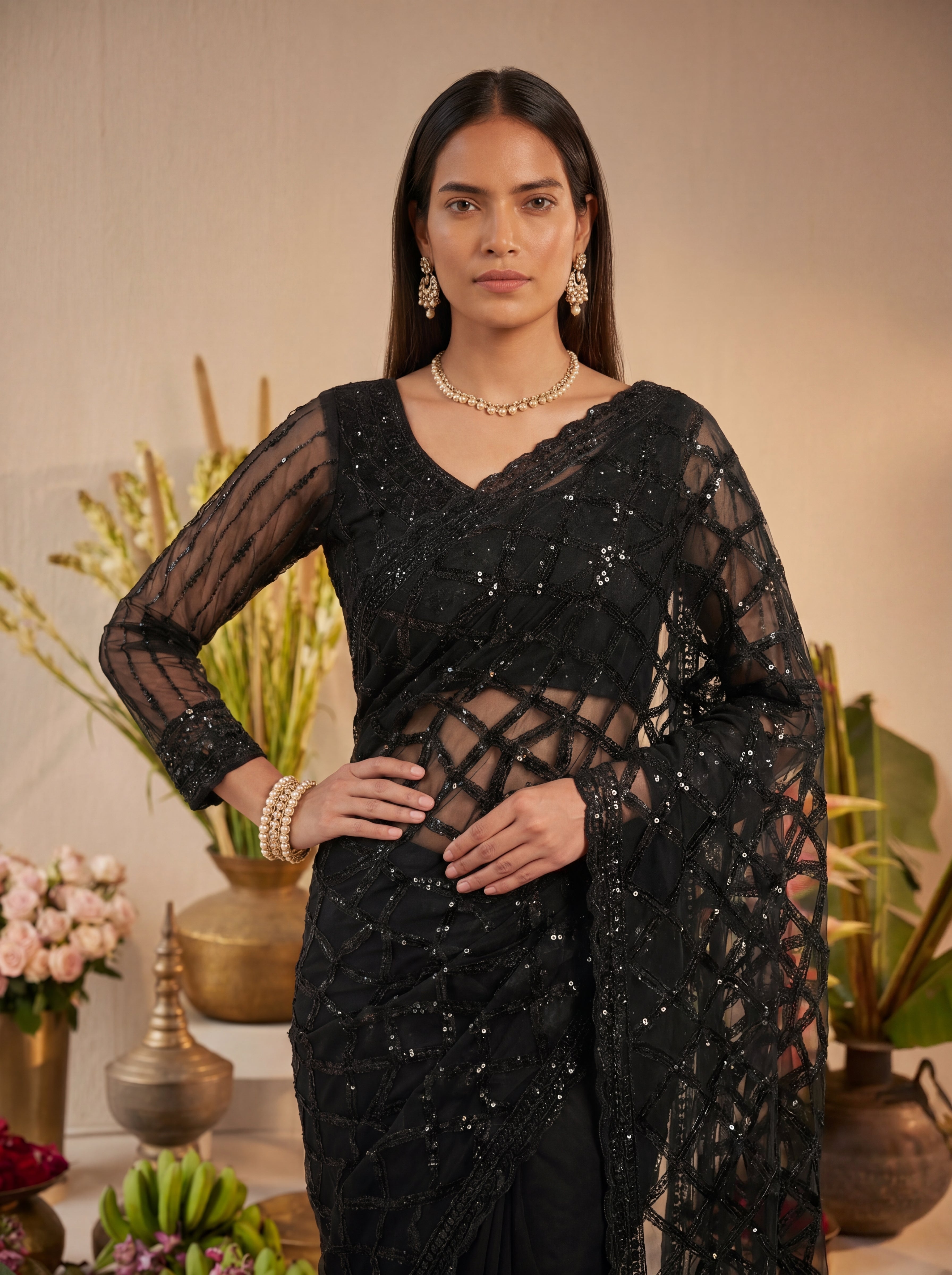 Elegant Champagne Black Designer Saree With Intricate Geometric Embroidery Handwork