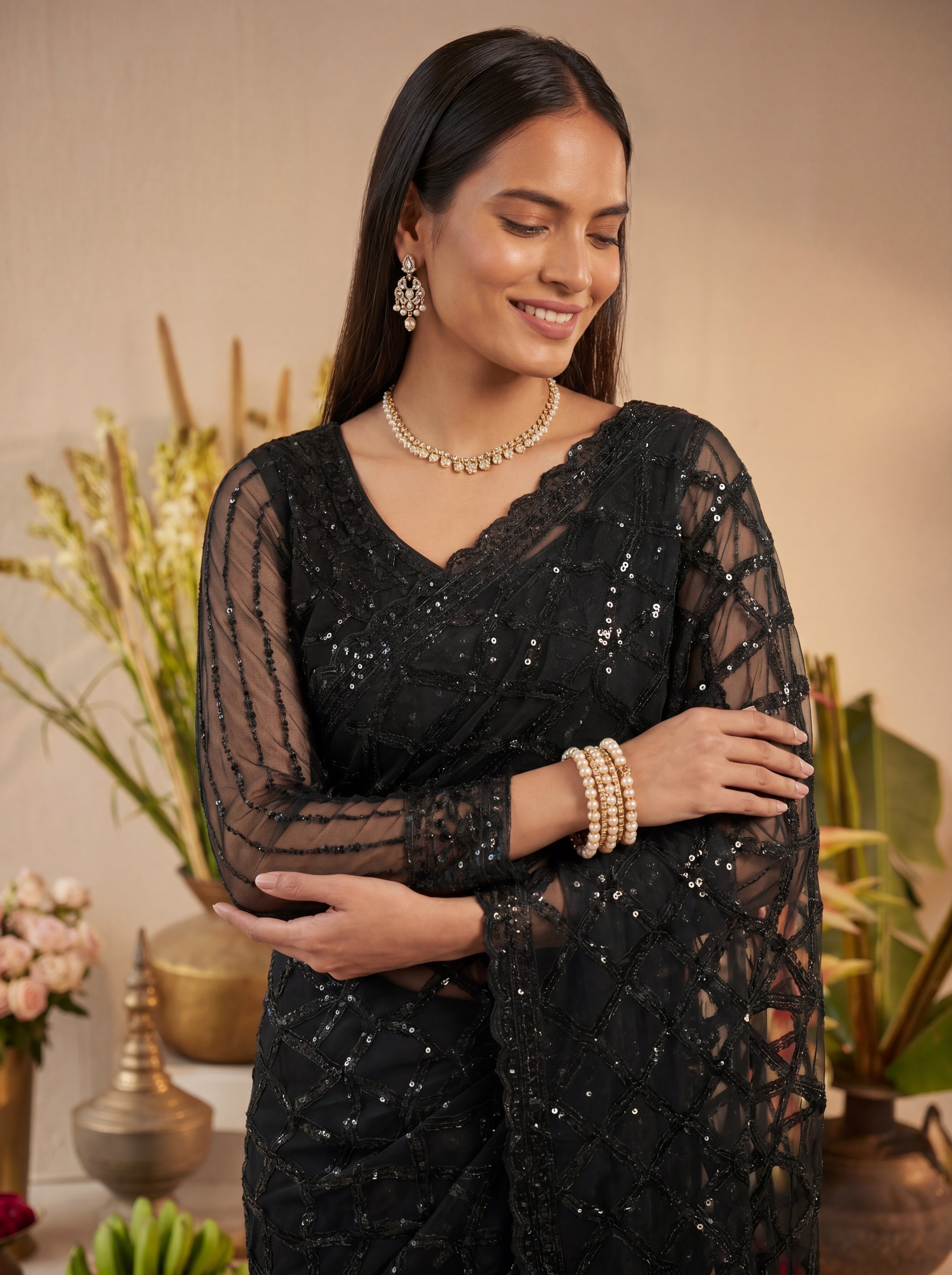 Elegant Champagne Black Designer Saree With Intricate Geometric Embroidery Handwork