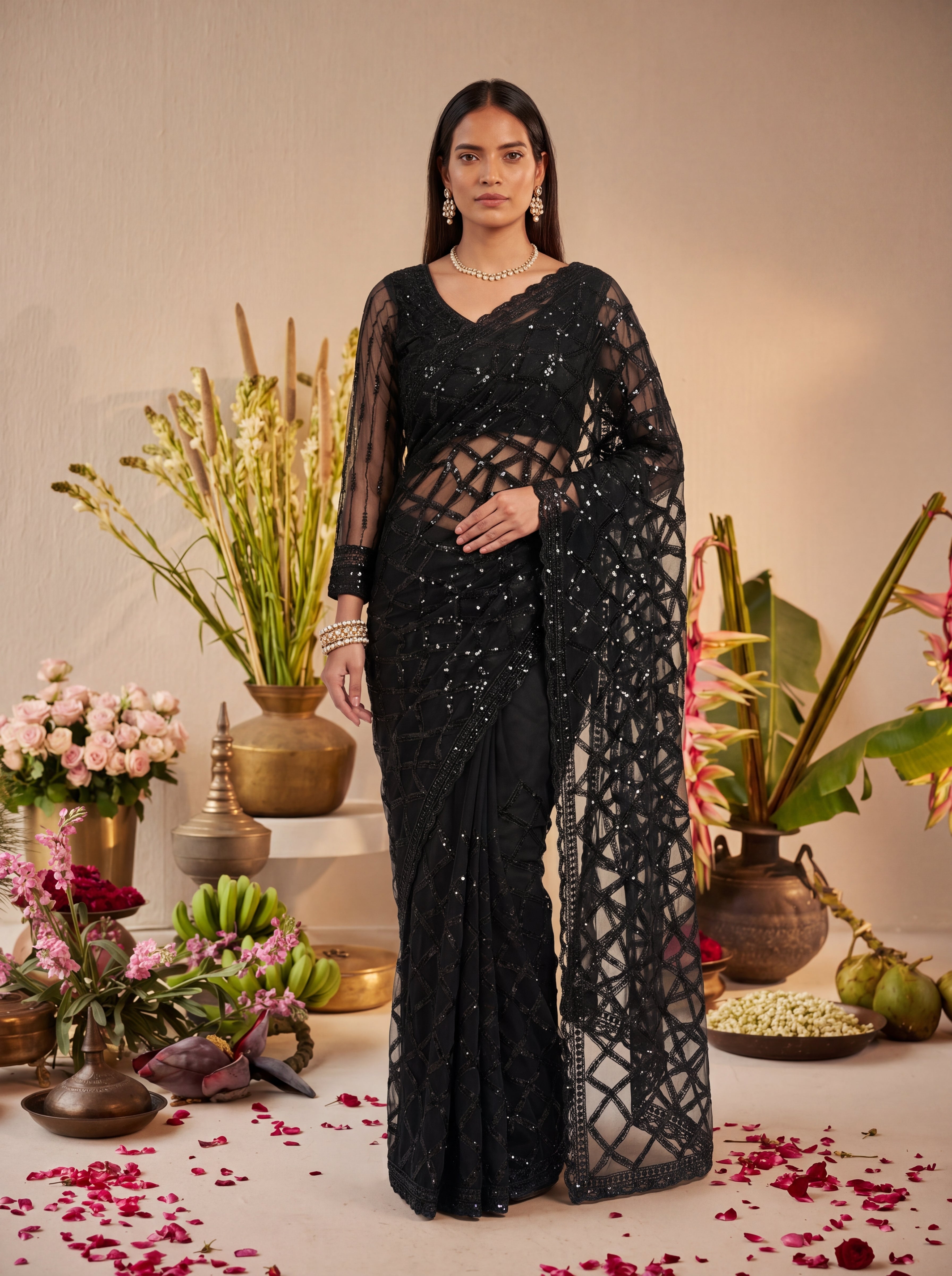 Elegant Champagne Black Designer Saree With Intricate Geometric Embroidery Handwork