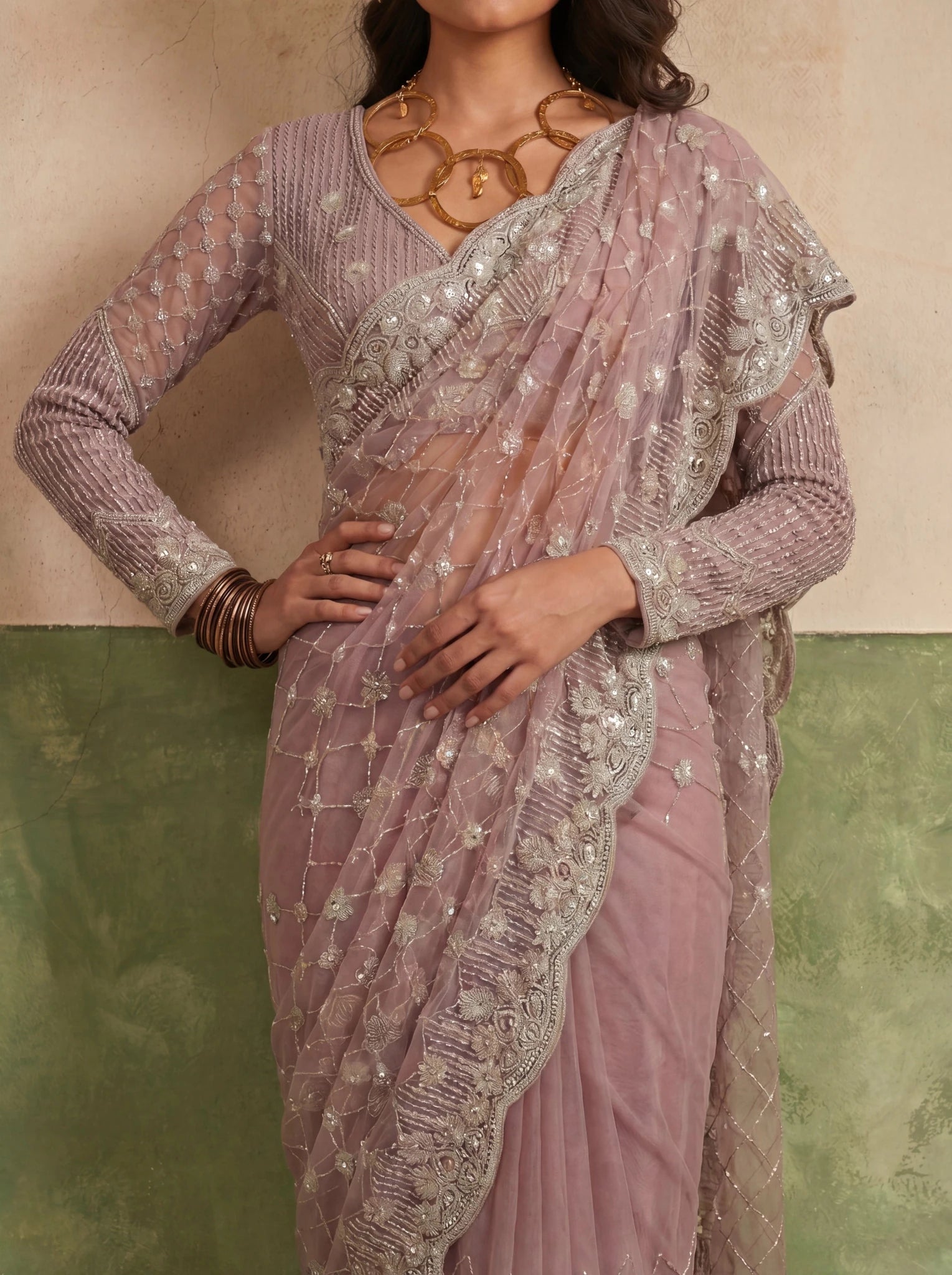 Designer Rose Mauve Saree with Fine Sequin Handwork Detailing - Zimonza