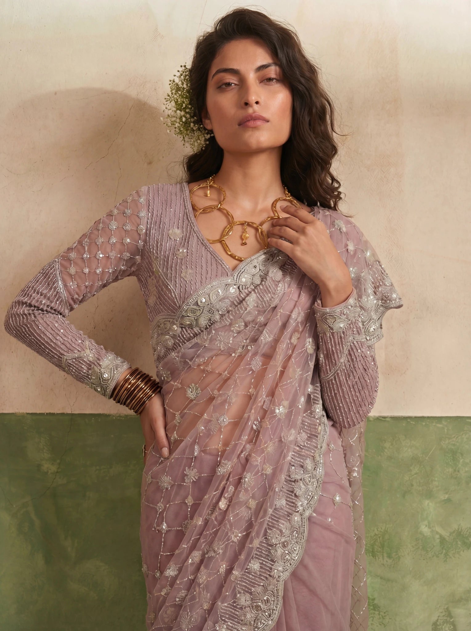 Designer Rose Mauve Saree with Fine Sequin Handwork Detailing - Zimonza