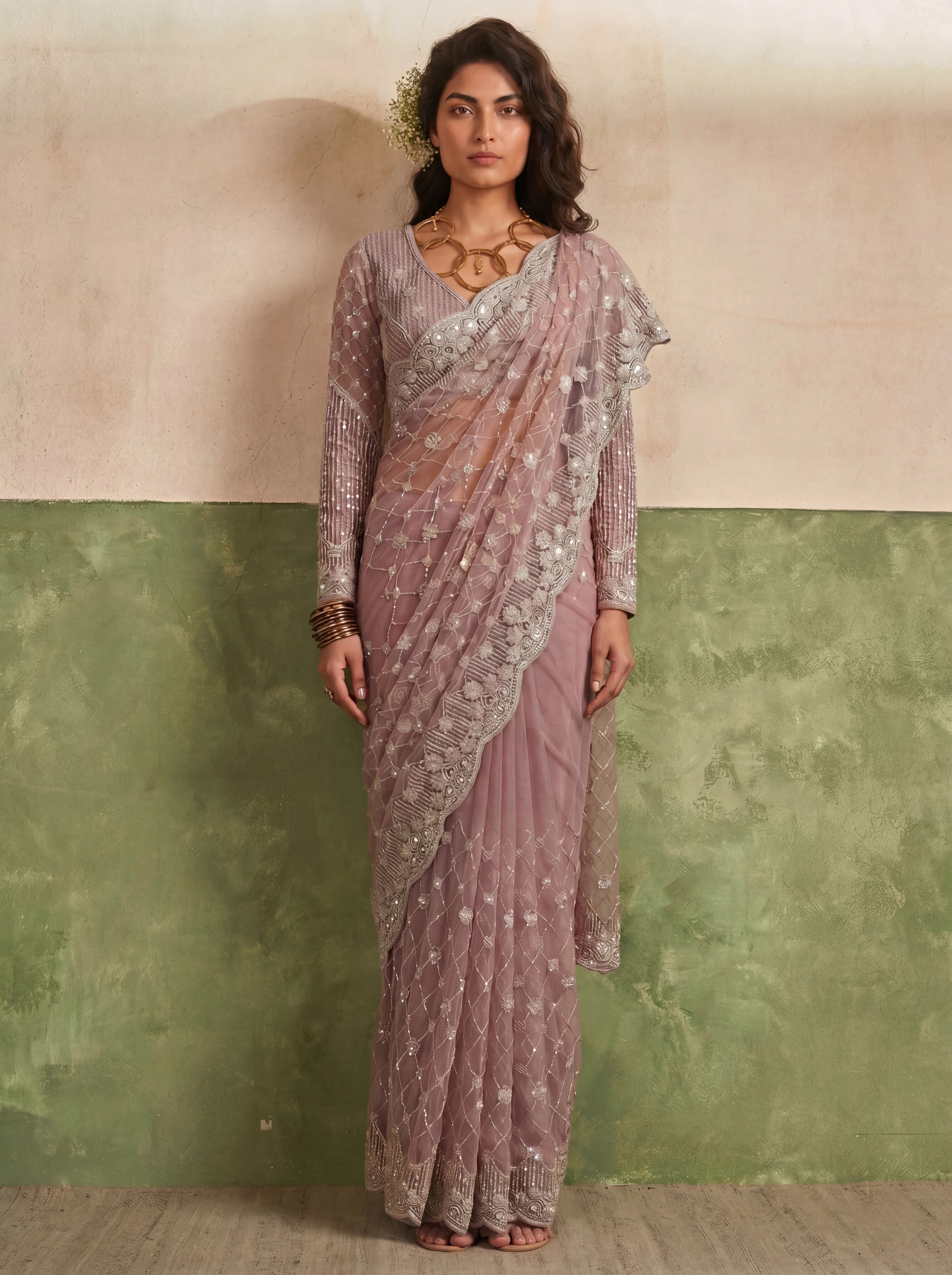 Designer Rose Mauve Saree with Fine Sequin Handwork Detailing