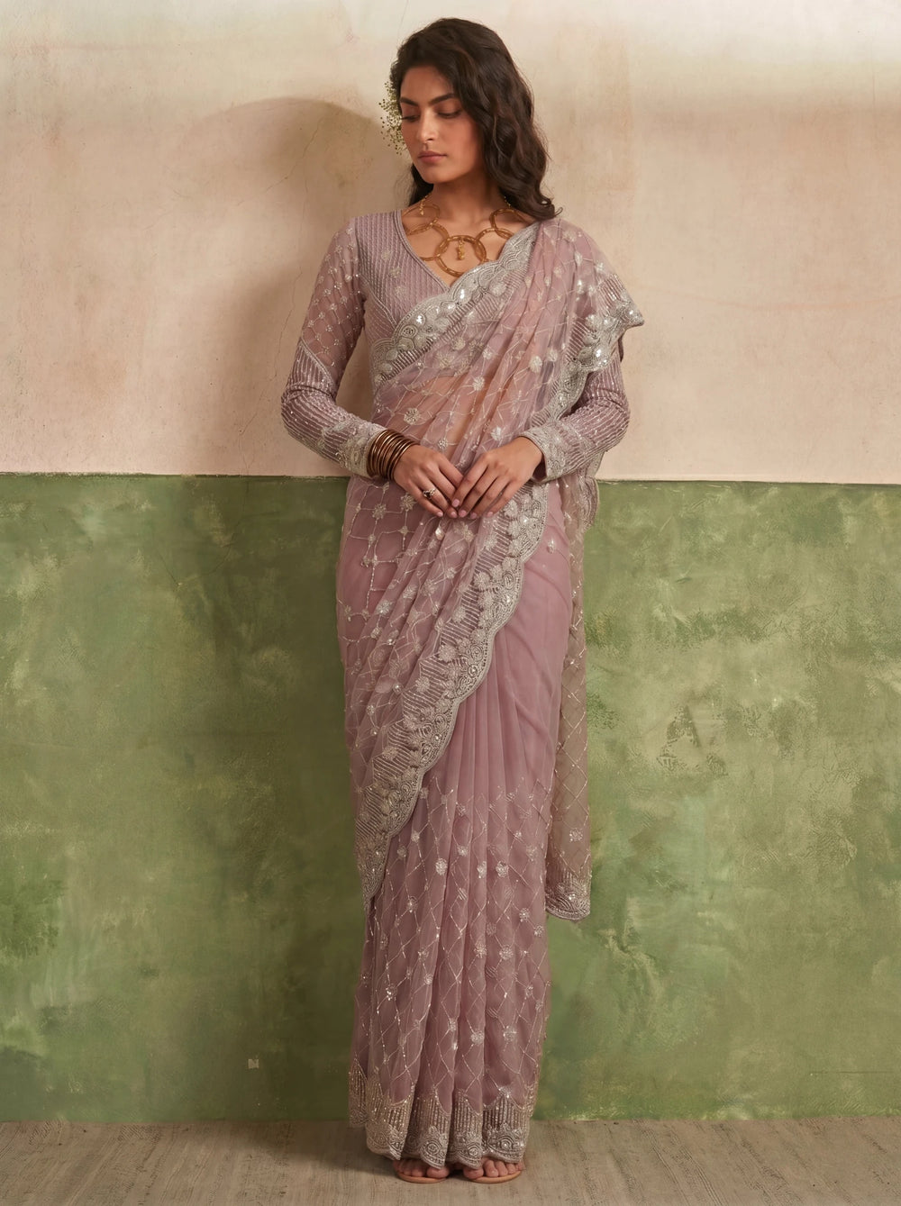 Designer Rose Mauve Saree with Fine Sequin Handwork Detailing - Zimonza