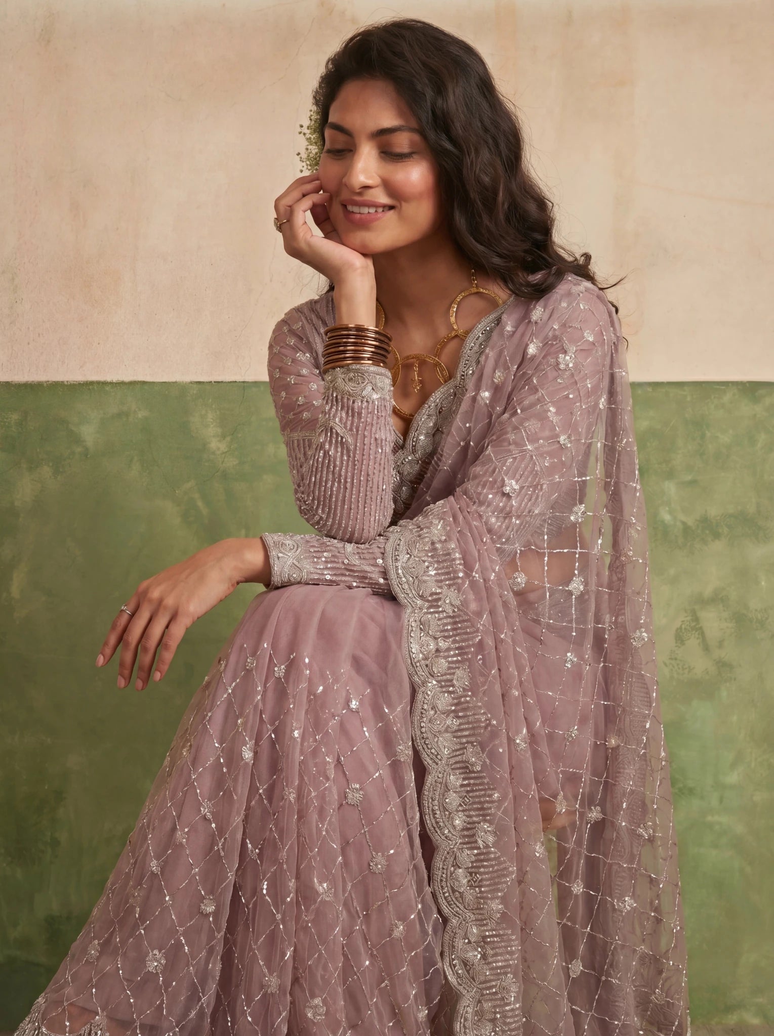 Designer Rose Mauve Saree with Fine Sequin Handwork Detailing - Zimonza