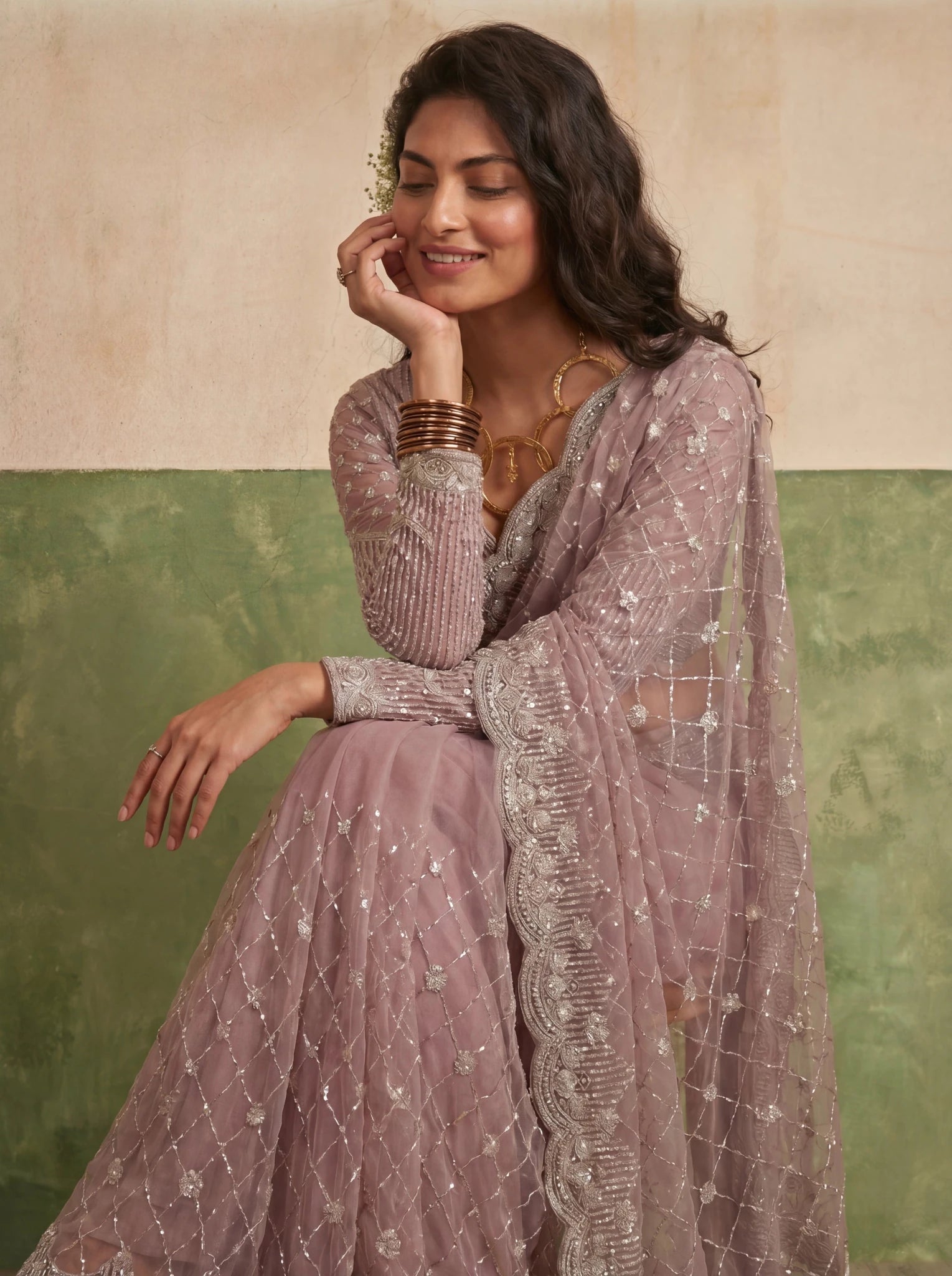 Designer Rose Mauve Saree with Fine Sequin Handwork Detailing - Zimonza
