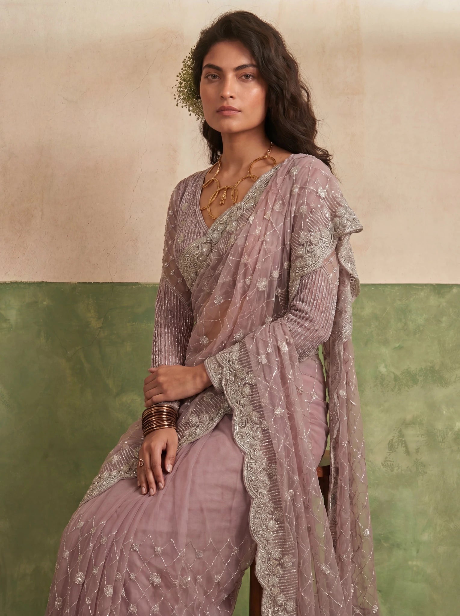 Designer Rose Mauve Saree with Fine Sequin Handwork Detailing - Zimonza