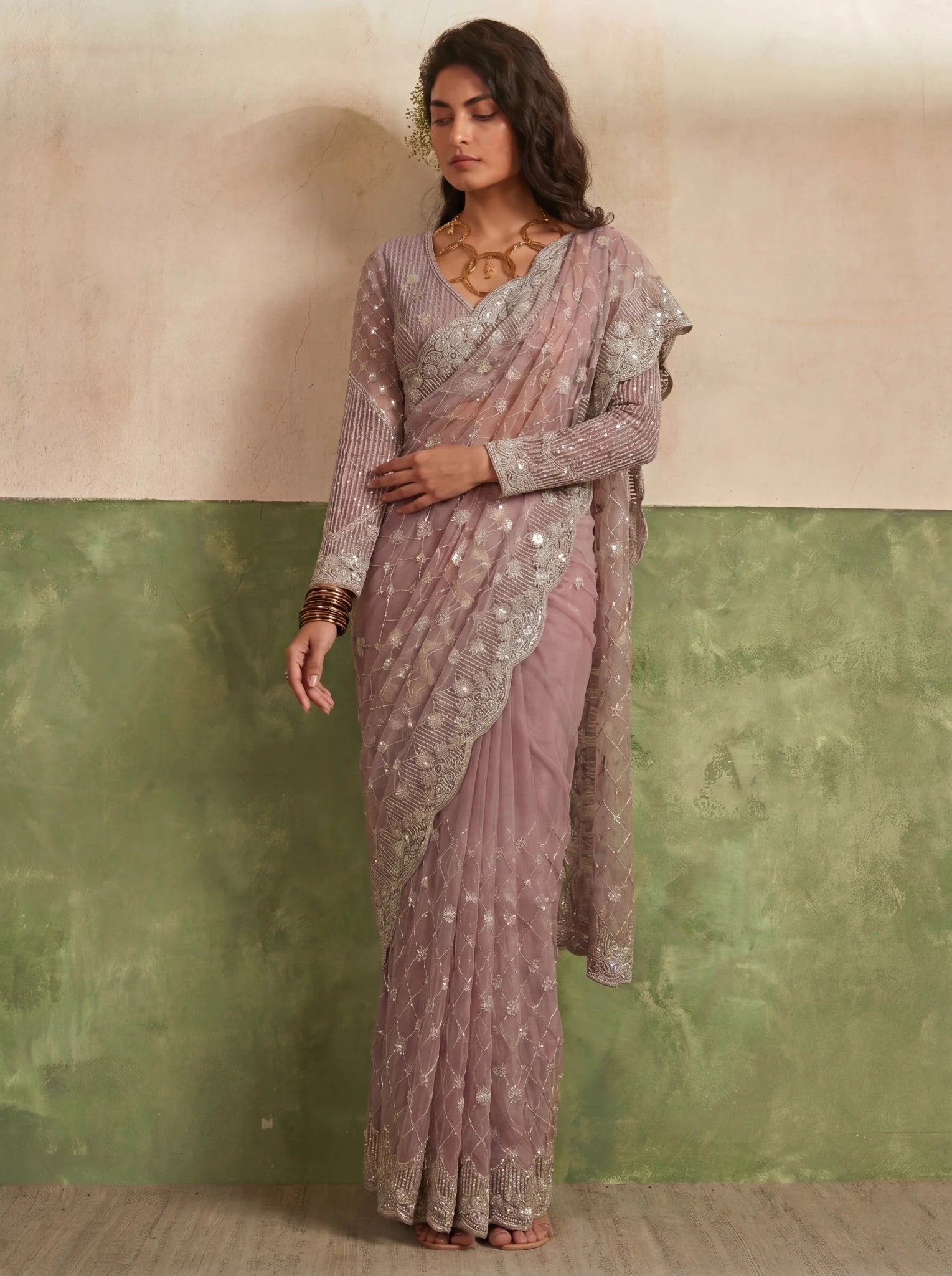 Designer Rose Mauve Saree with Fine Sequin Handwork Detailing - Zimonza